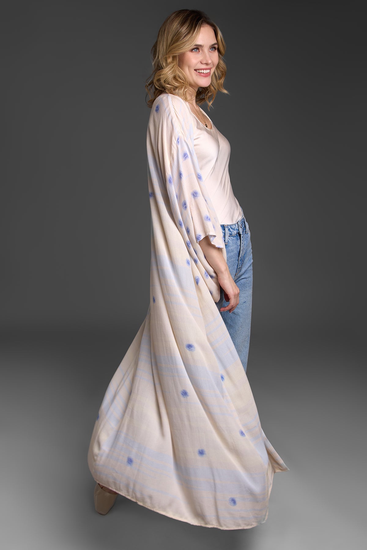 Soft Blue Dot Kimono - Lightweight Floral Printed Japanese Robe for Women - Perfect for Spa, Yoga, and Relaxation at Home