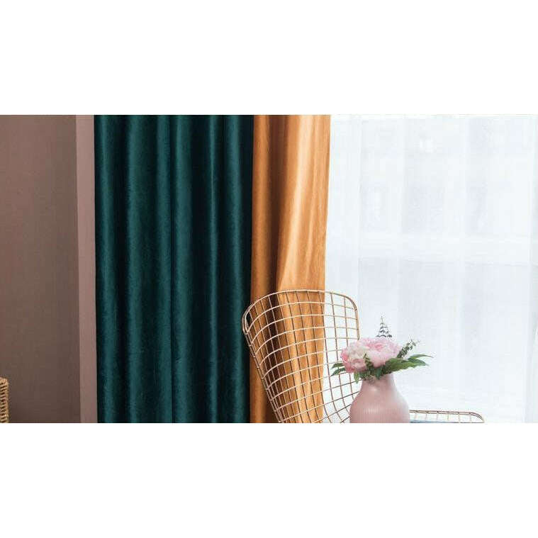 Luxury Dutch Velvet Spliced Curtains - Orange & Green Drapes for Living Room & Bedroom | Blackout Window Treatments for Home Decor