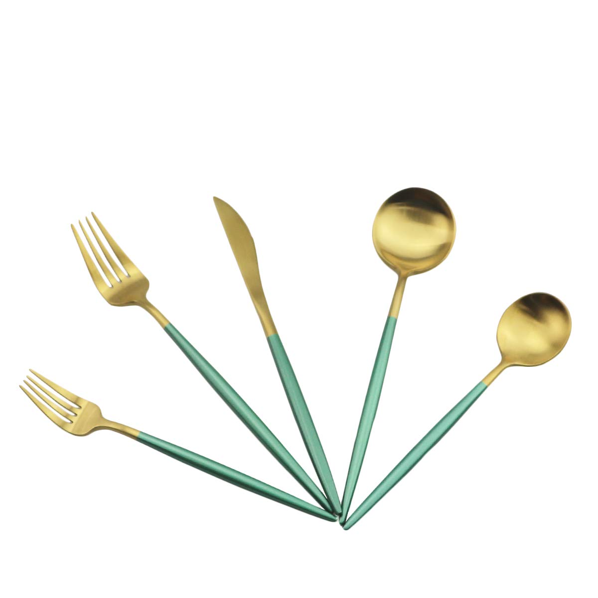 Premium 5-Piece Matte Green & Gold Flatware Set - 18/10 Stainless Steel Heavy Weight Forged Cutlery (Forks, Spoons, Knives) - Elegant Dining Utensils for Everyday Meals & Dinner Parties