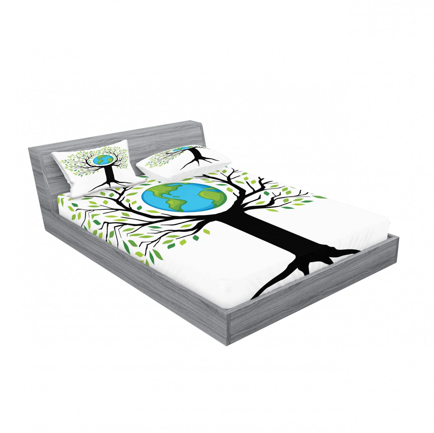 Ambesonne 2-Pack Tree Print Full Size Fitted Sheets & Pillow Sham Set - Eco-Friendly Green Earth Design with Black & Blue Accents - 4 Piece Bedding Decor (2 Fitted Sheets + 4 Pillow Covers) - Perfect for Nature-Themed Bedrooms, Guest Rooms & Eco-Conscious Homes