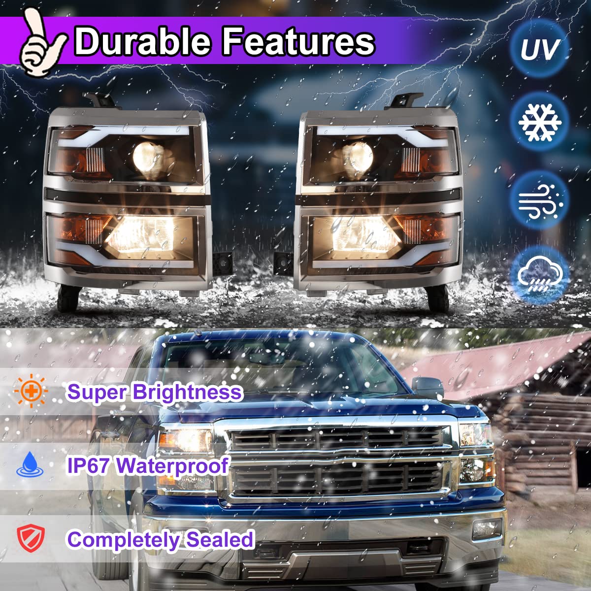 Nixon Offroad LED Headlights Assembly for Chevy Silverado 1500 2014-2015 - High/Low Beam Projector Headlights with DRL & Turn Signal - Matte Black Housing & Clear Lens (1 Pair) - Perfect for Night Driving & Off-Road Adventures