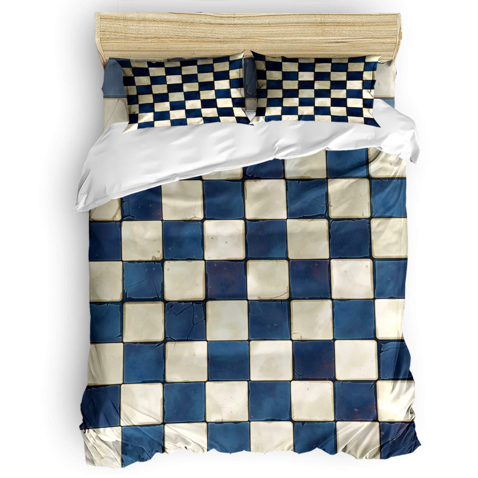 Laibao Home 4-Piece Queen Size Bedding Set - Soft Blue & White Mosaic Cube Printed Duvet Cover, Flat Sheet & Pillowcases for Kids, Teens & Adults - Perfect for Bedrooms, Guest Rooms & Dorm Decor