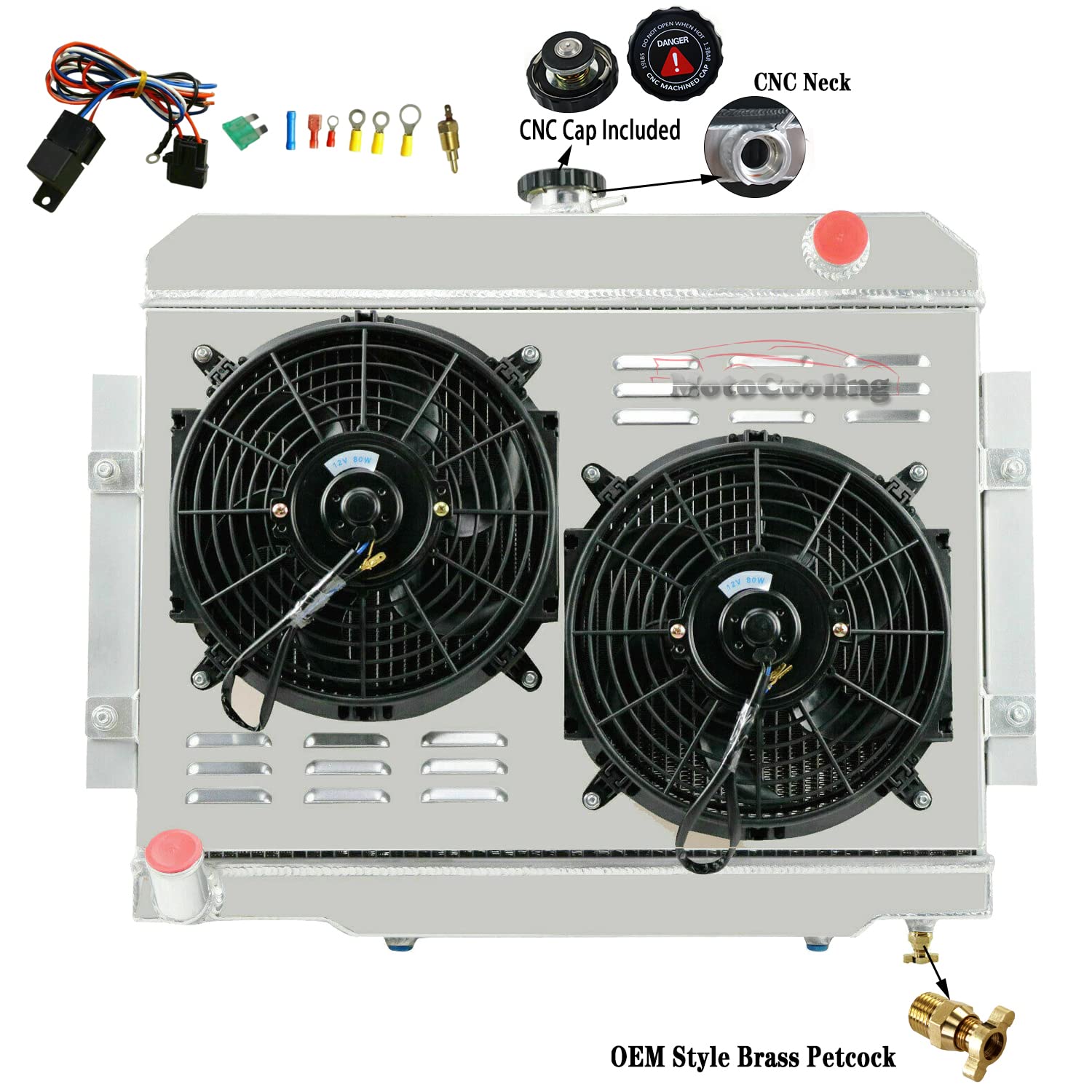 4 Row Aluminum Radiator Replacement for 1972-1986 Jeep CJ5 CJ6 CJ7 Scrambler with L4 L6 V8 2.5L 3.8L 4.2L 5.0L Gas Engines - Includes Electric Fan Shroud & Thermostat Kit - Perfect for Off-Roading, Overheating Prevention & Engine Cooling