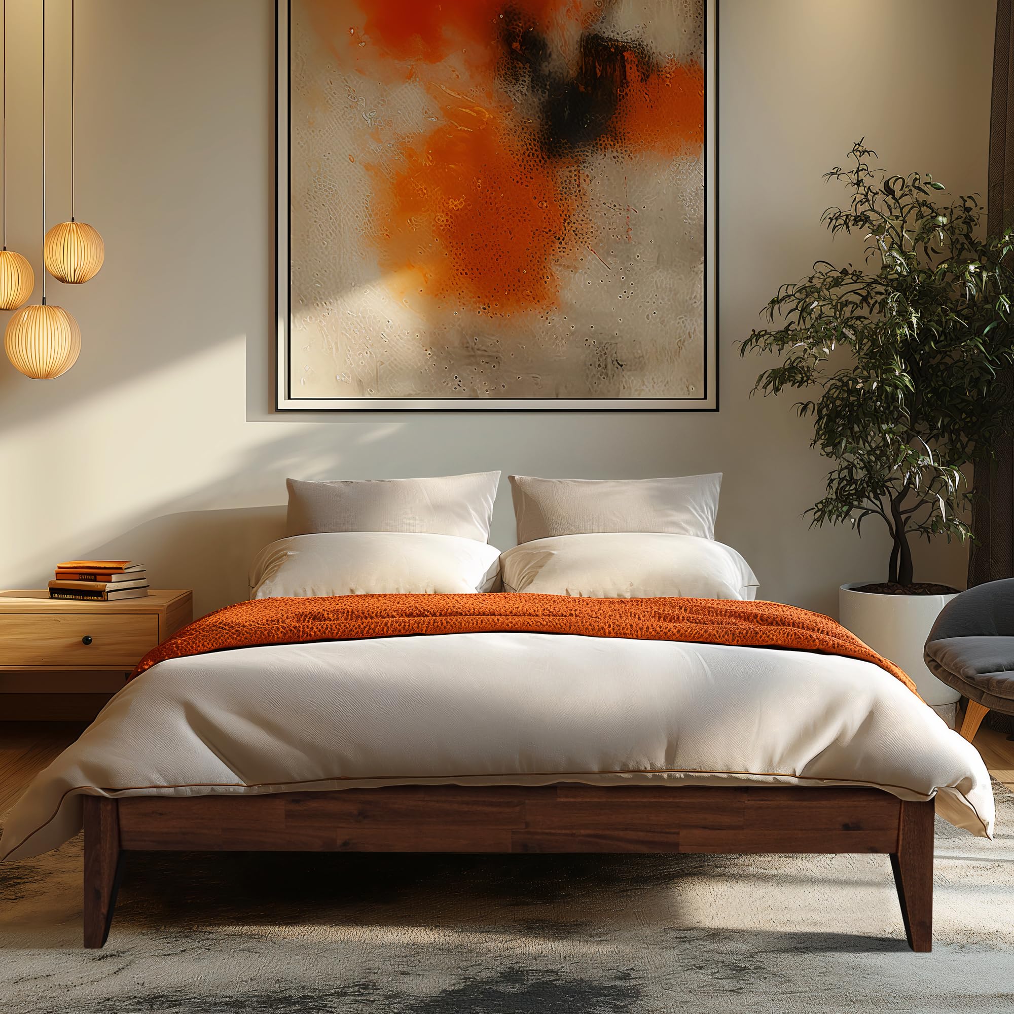 Acacia Mervyn Queen Bed Frame - Solid Wood Platform Bed with 800 lbs Capacity | Mid Century Modern Design | Compatible with All Mattress Types | Easy 30-Minute Assembly | Chocolate Finish | Perfect for Master Bedrooms, Guest Rooms & Modern Apartments