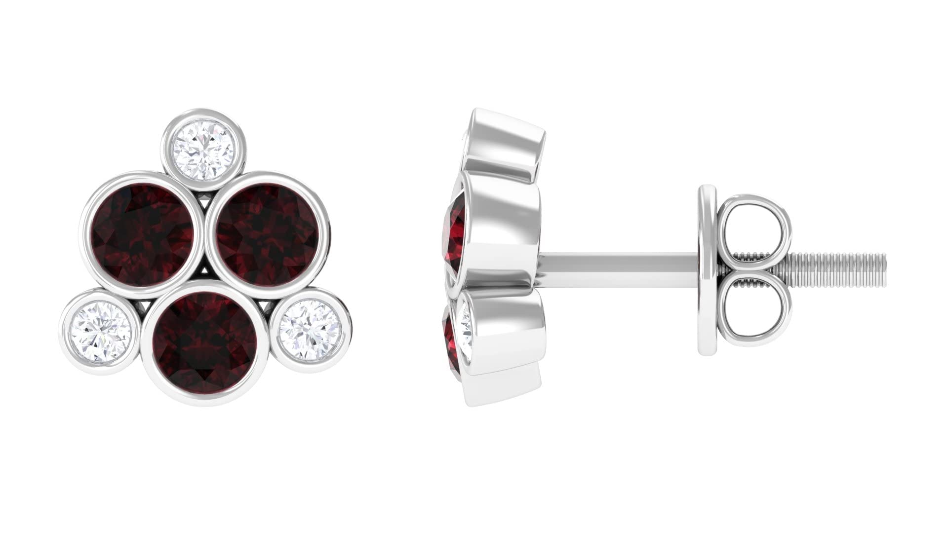 1/2 CT Garnet and Diamond Stud Earrings for Women - 14K Solid Gold Bezel Set Round Garnet Cluster Earrings - Perfect for Weddings, Anniversaries, and Everyday Elegance