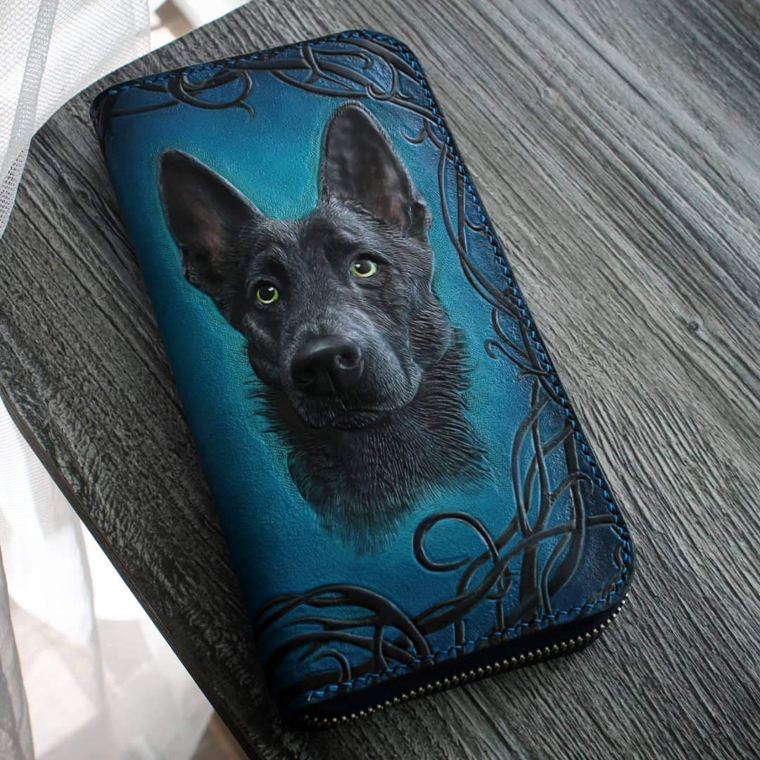 Handcrafted 3D Genuine Leather Biker Wallet for Men - Custom Engraved German Shepherd Design - Personalized Long Leather Wallet for Motorcycle Riders & Gift Giving