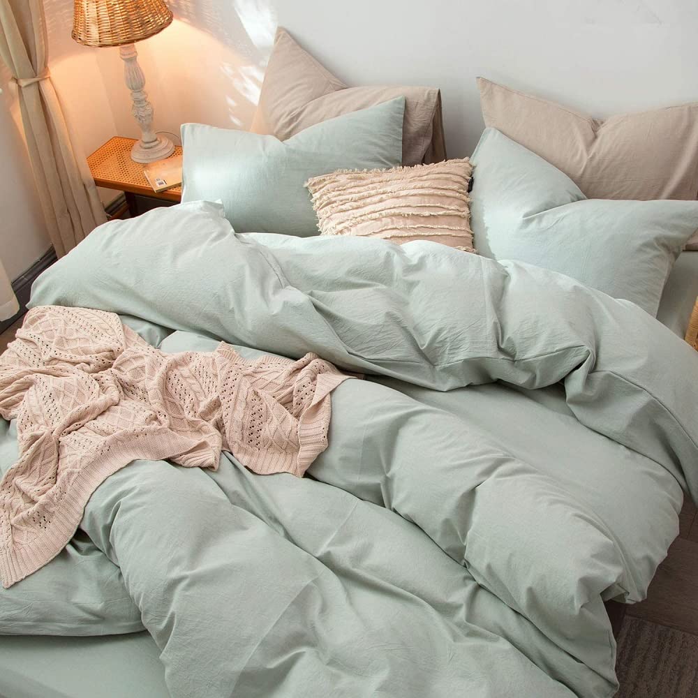 Sage Green Washed Cotton Duvet Cover Set - Boho Style Linen-Like Textured Bedding - Breathable, Durable & Soft Comforter Cover for Queen/King Size - Perfect for Bohemian Bedroom Decor & Cozy Home Styling
