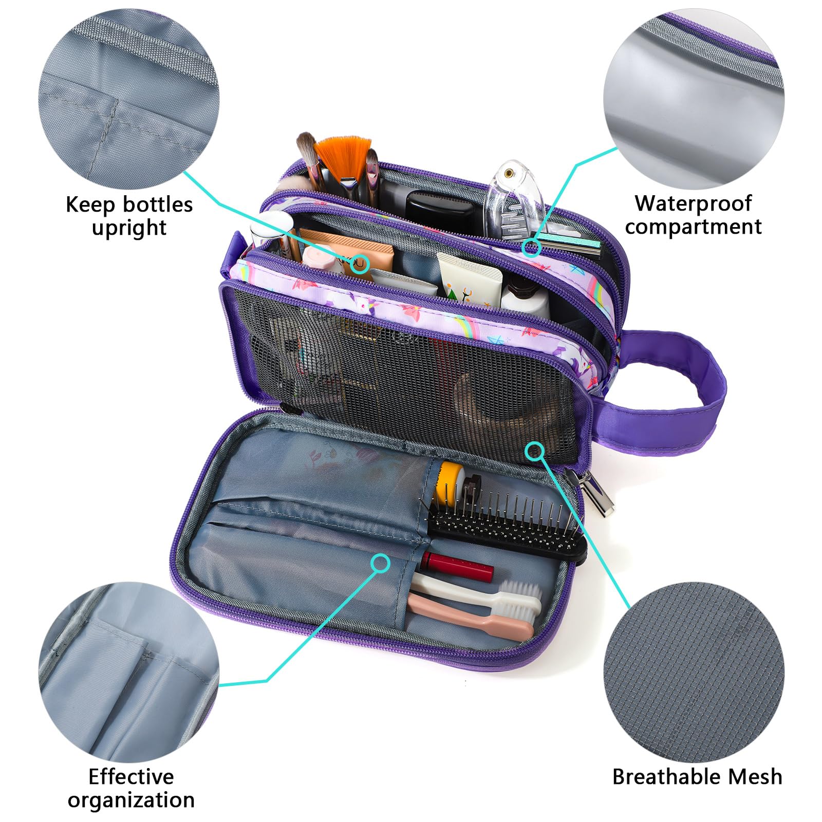**Unicorn Purple Kids Toiletry Bag for Girls - Waterproof Hanging Travel Cosmetic & Makeup Organizer - Perfect for Toddler Toiletries, School Trips & Family Vacations - Ideal for Bathroom Storage, Sleepovers & Camping Essentials - Great for Travel, Gifts & Daily Use**