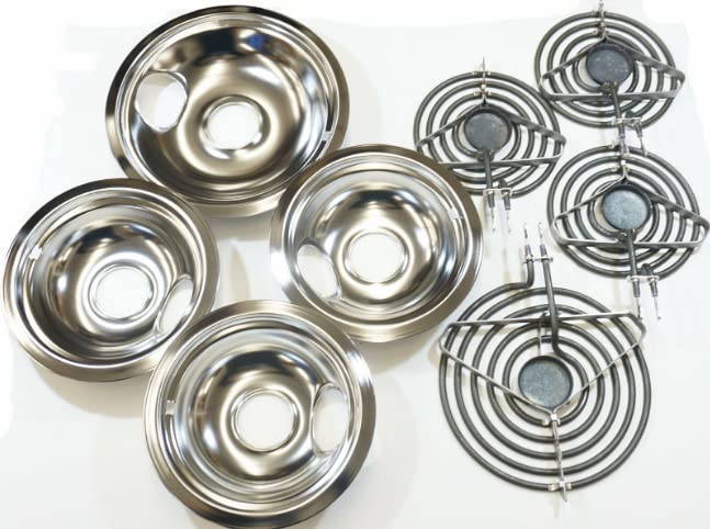 Sunjlka Surface Element and Drip Pan Kit - Replacement Parts for Electric Stoves (3 MP15MA, 1 MP21MA, 3 3150246, 1 3150247) - Compatible with WPY04100165, WPY04100166, AP6016815, AP6016814 - Perfect for Kitchen Stove Repair and Maintenance