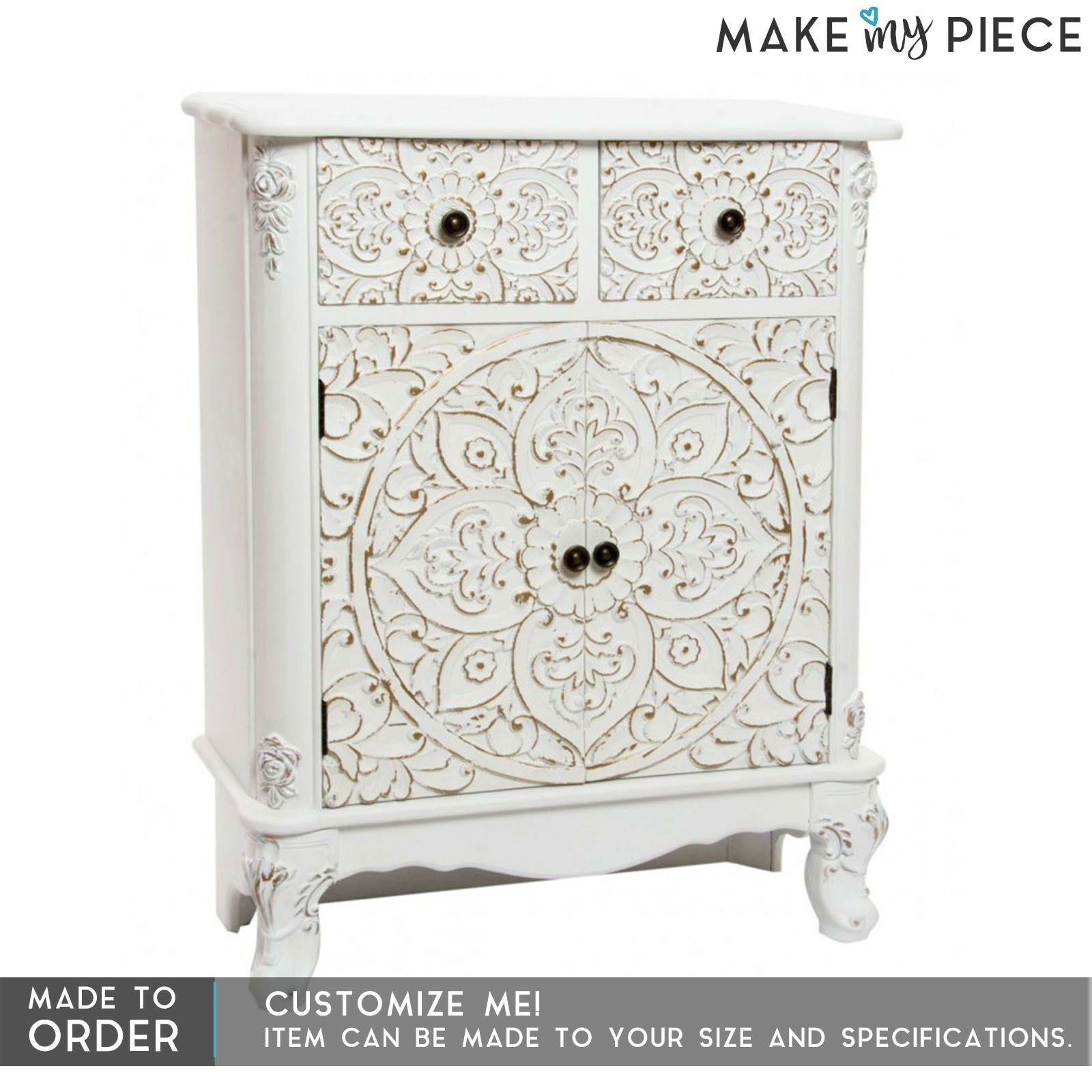 Hand Carved Solid Wood Sideboard - White - Elegant Buffet Cabinet for Dining Room, Living Room & Entryway Storage