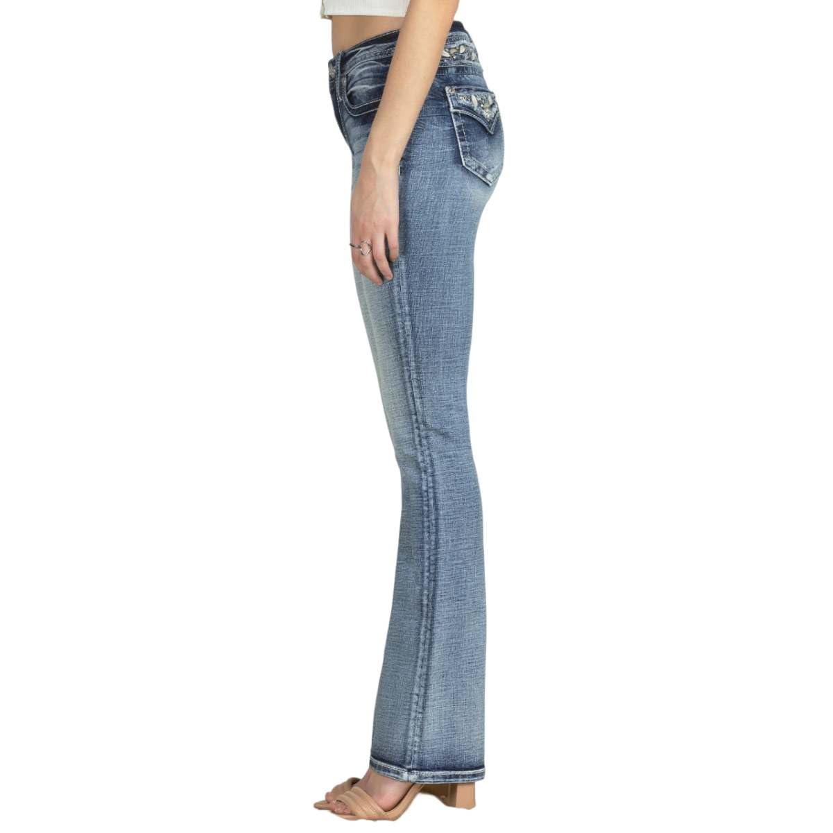 Miss Me Women's Botanical Border Embellished Mid-Rise Bootcut Jeans - Floral Design with Faux Flap Pockets - Comfortable Stretch Denim for Casual Wear & Date Nights