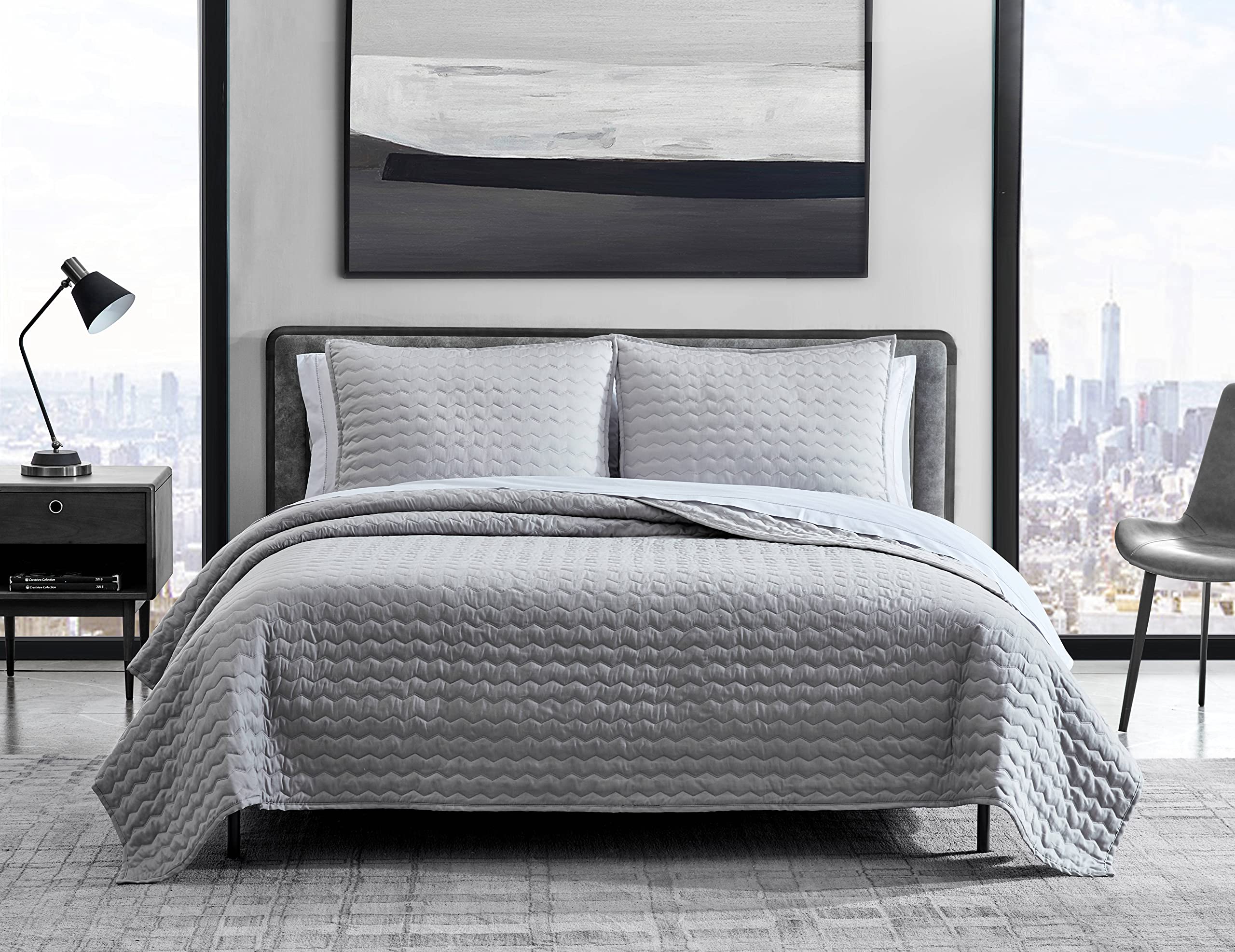 Vera Wang Queen Quilt Set - Luxury 100% Cotton Bedding with Matching Shams, All Season Comforter Set (Herringbone Silver, Queen Size) for Master Bedroom, Guest Room & Hotel Decor