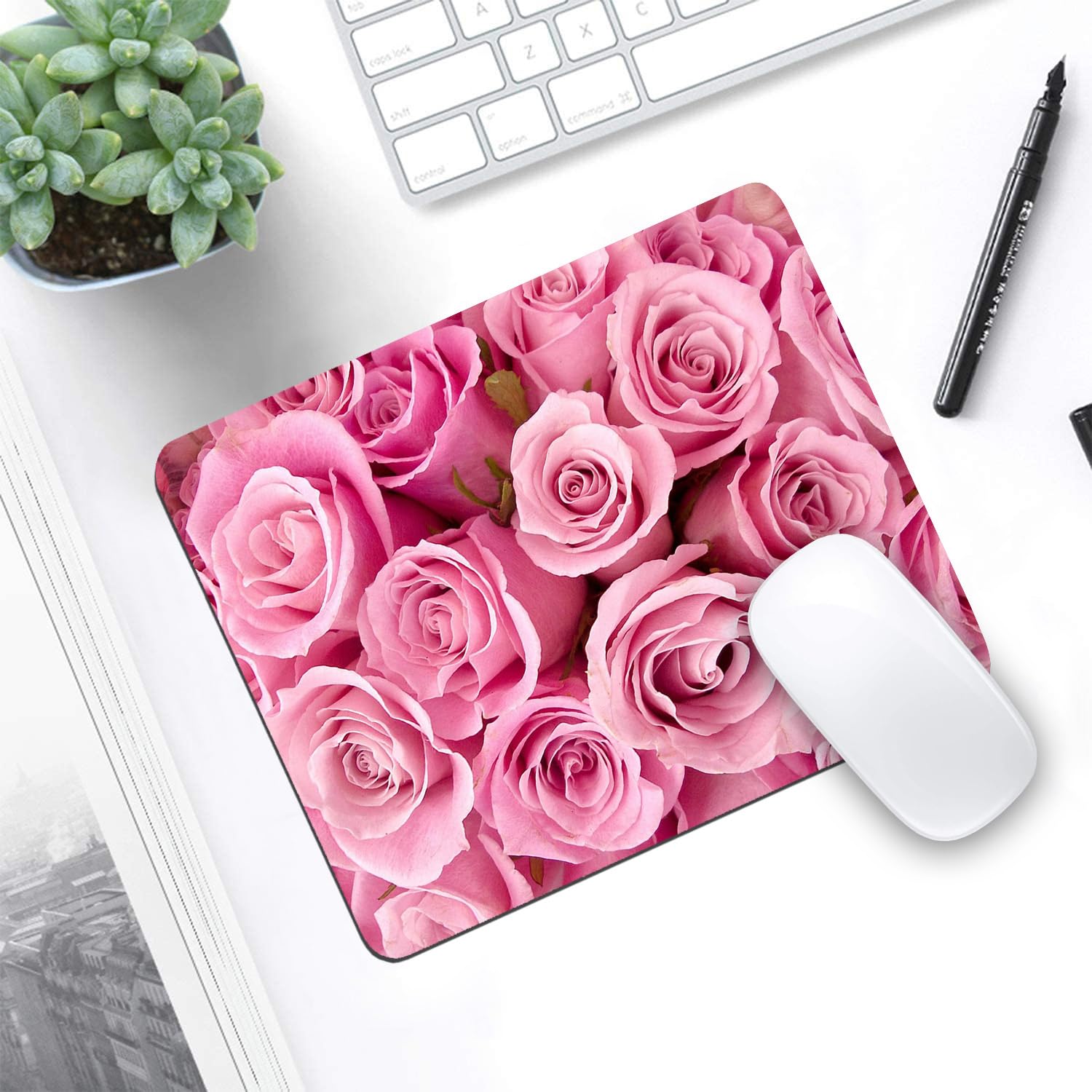 Pink Roses Mouse Pad and Coasters Set - Non-Slip Rubber Base Rectangle Mouse Pad for Laptop, Computer & Office Accessories | Perfect for Home, Office & Gaming Setup