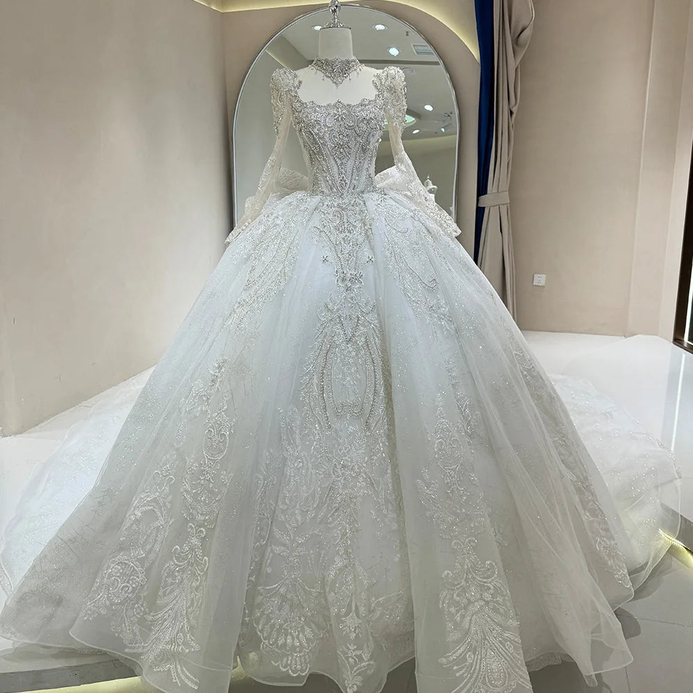 Elegant White Long Sleeve Wedding Dress with Court Train & Lace Up Back - Perfect for Bridal, Formal Events & Romantic Photos