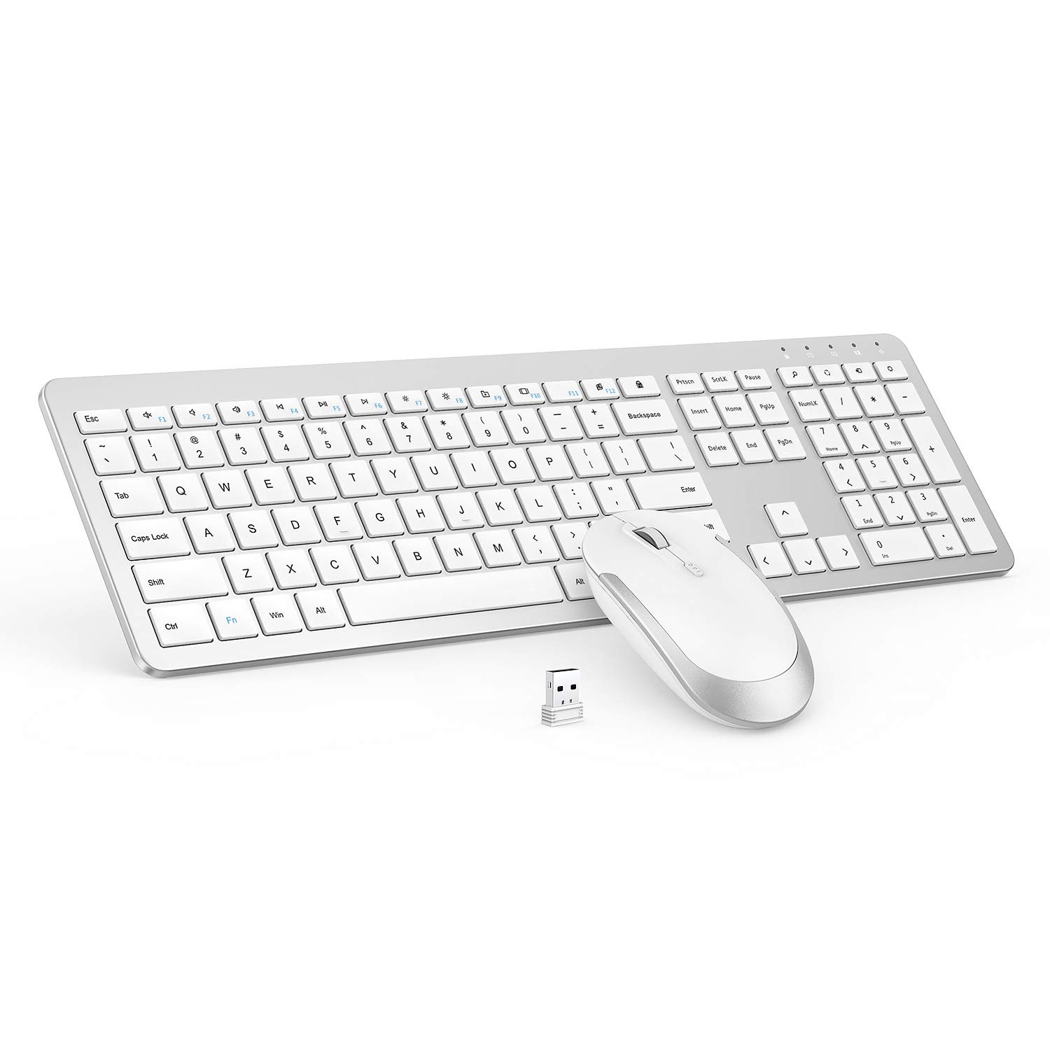 Slim Wireless Keyboard and Mouse Combo with Numeric Keypad - 2.4G Full Size Wireless Keyboard & Mouse Set with Adjustable DPI, Stable Connection (White & Silver) for Home Office, Gaming, and Productivity Work