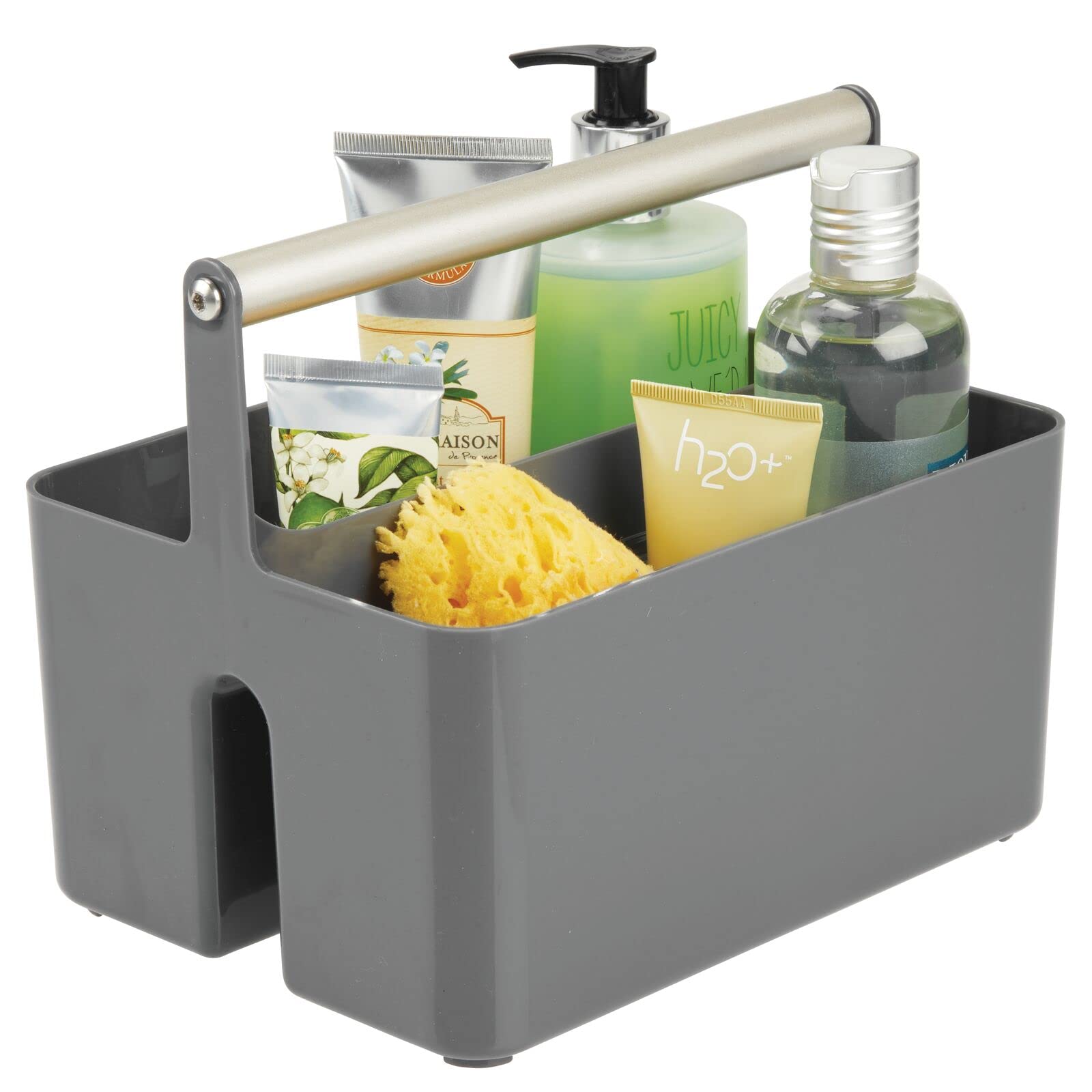 mDesign Plastic Shower Caddy Organizer with Metal Handle - Bathroom Storage Basket for Soap, Shampoo & Conditioner - Dorm & Kitchen Utility Tote - Aura Collection in Dark Gray/Matte Satin - Perfect for Small Space Organization & Bath Essentials Storage