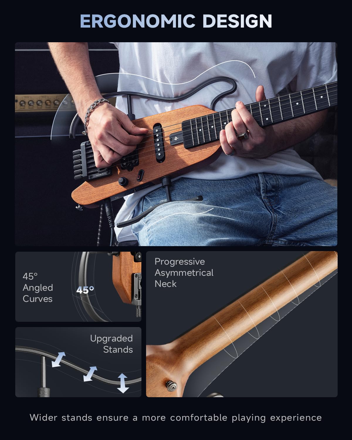 Donner HUSH X Electric Guitar Kit - Lightweight Headless Guitar for Travel & Practice, Mahogany Solid Body with Stand, Gig Bag & Accessories | Perfect for Beginners, Home Studio & Live Performances