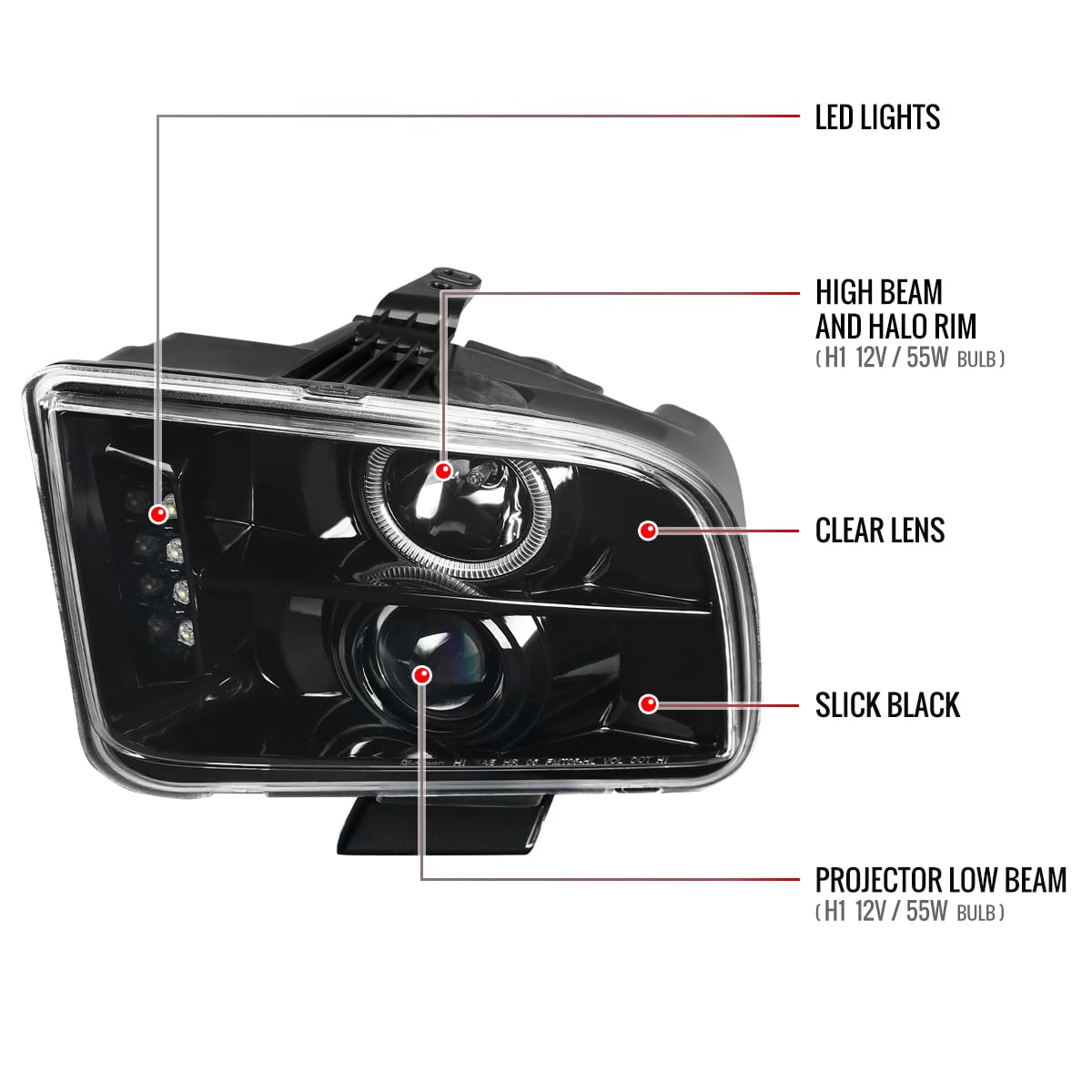 Ford Mustang 2005-2009 LED Halo Projector Headlights - Pearl Black - Pair - Upgrade Your Ride for Night Driving & Car Shows