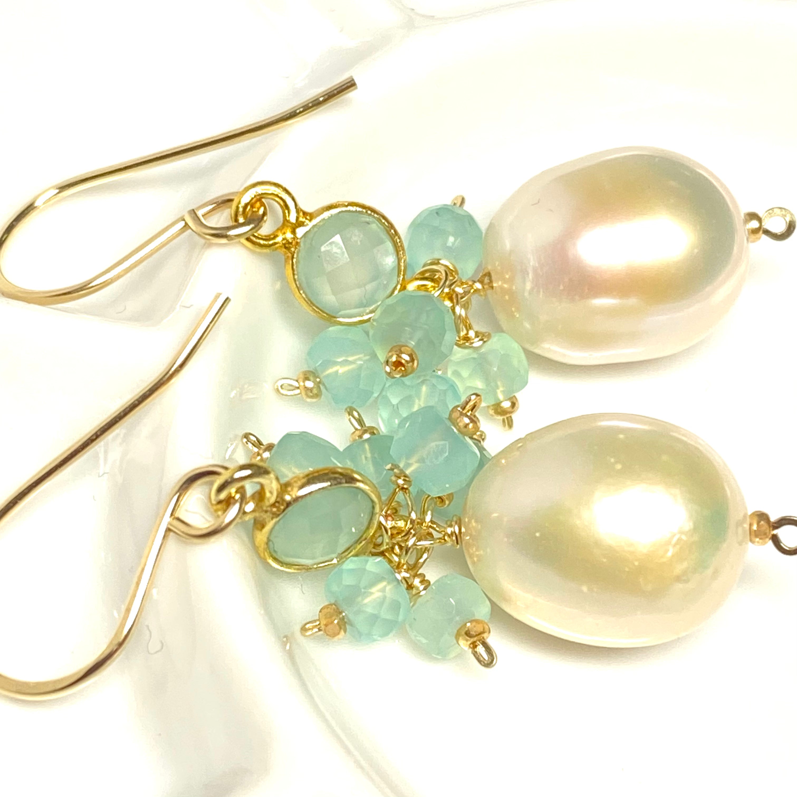 Elegant Pearl & Gemstone Cluster Dangle Earrings with Aqua Accents - Perfect for Weddings, Parties & Special Occasions