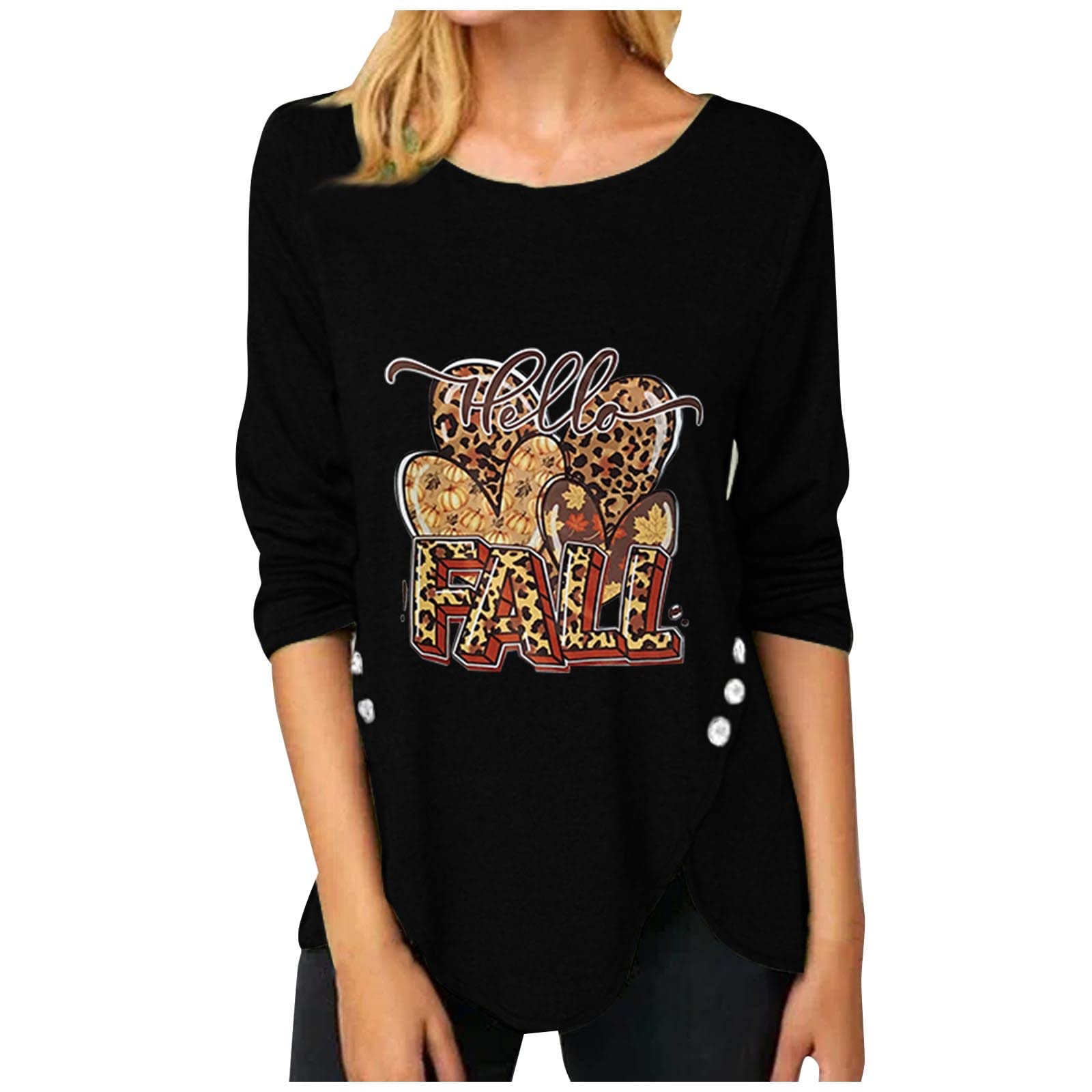 Women's Long Sleeve Crewneck T-Shirt - Fall Letter Printed Casual Blouse, Trendy Leopard Graphic Lightweight Tunic Top for Women | Perfect for Autumn Layering, Office Wear & Casual Outings