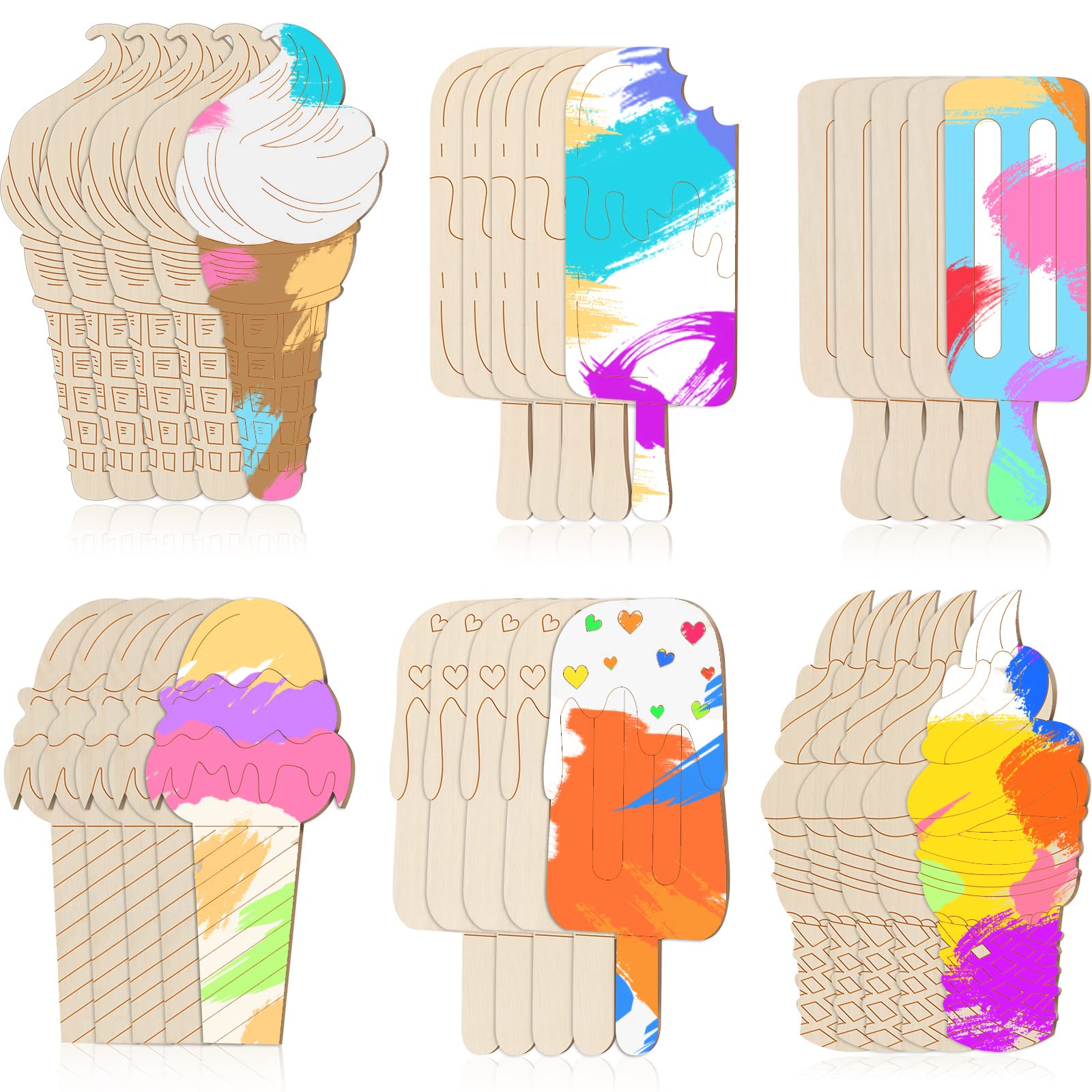 30-Piece Unfinished Wood Ice Cream Cutouts for DIY Crafts - Summer Birthday Party Decorations, Kids Art Painting & Wooden Ornaments (6 Styles) - Perfect for Classroom Activities, Scrapbooking & Home Decor