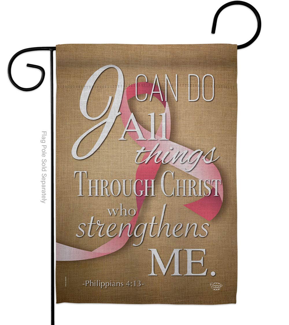 Inspirational Pink Ribbon Garden Flag - I Can Do All Things Through Christ - Support Cancer, Autism & BLM Awareness - Double-Sided 13x18.5 Inch House Banner for Yard Decor, Survivor Gifts & Outdoor Display