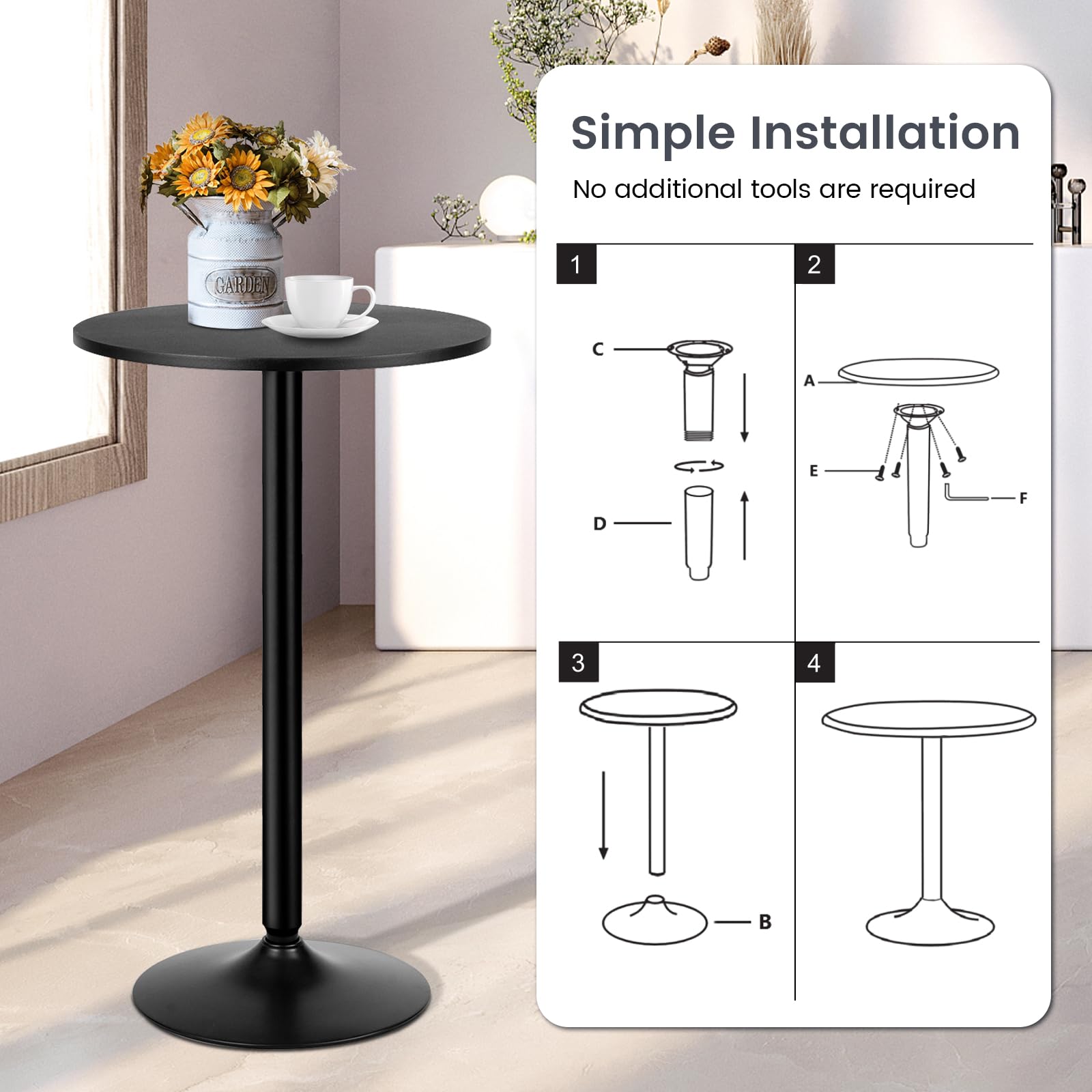 24” Round Top Pub Bar Table - 40” Height Cocktail Table with Metal Base & MDF Tabletop - Modern Circular Bistro High Table for Dining Room, Living Room, Kitchen, Restaurant, Home Bar, Black - Perfect for Small Spaces, Outdoor Patios, and Compact Urban Apartments