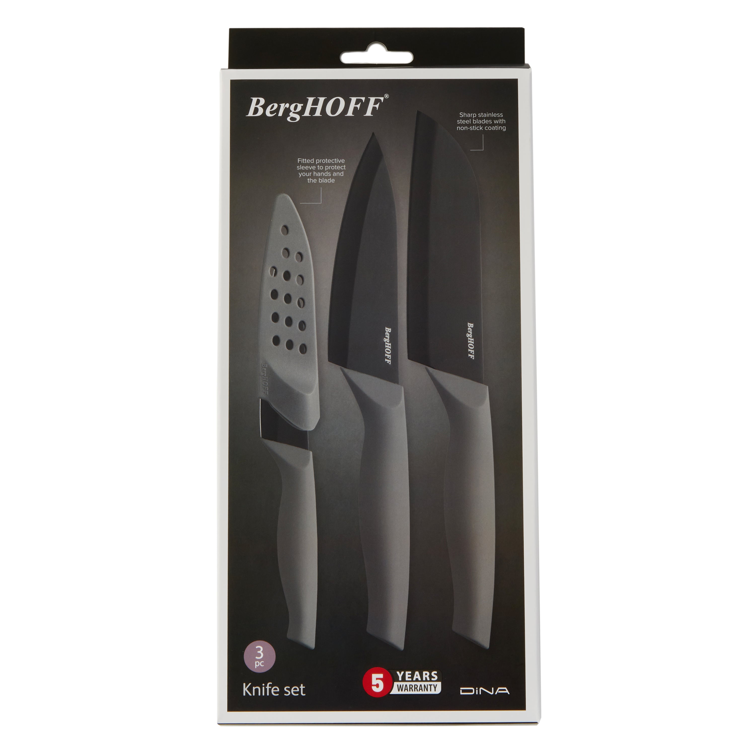 BergHOFF DiNA Vector Nonstick Stainless Steel 3-Piece Knife Set - Sharp Kitchen Knives for Slicing, Dicing & Chopping - Perfect for Home Chefs & Professional Cooking