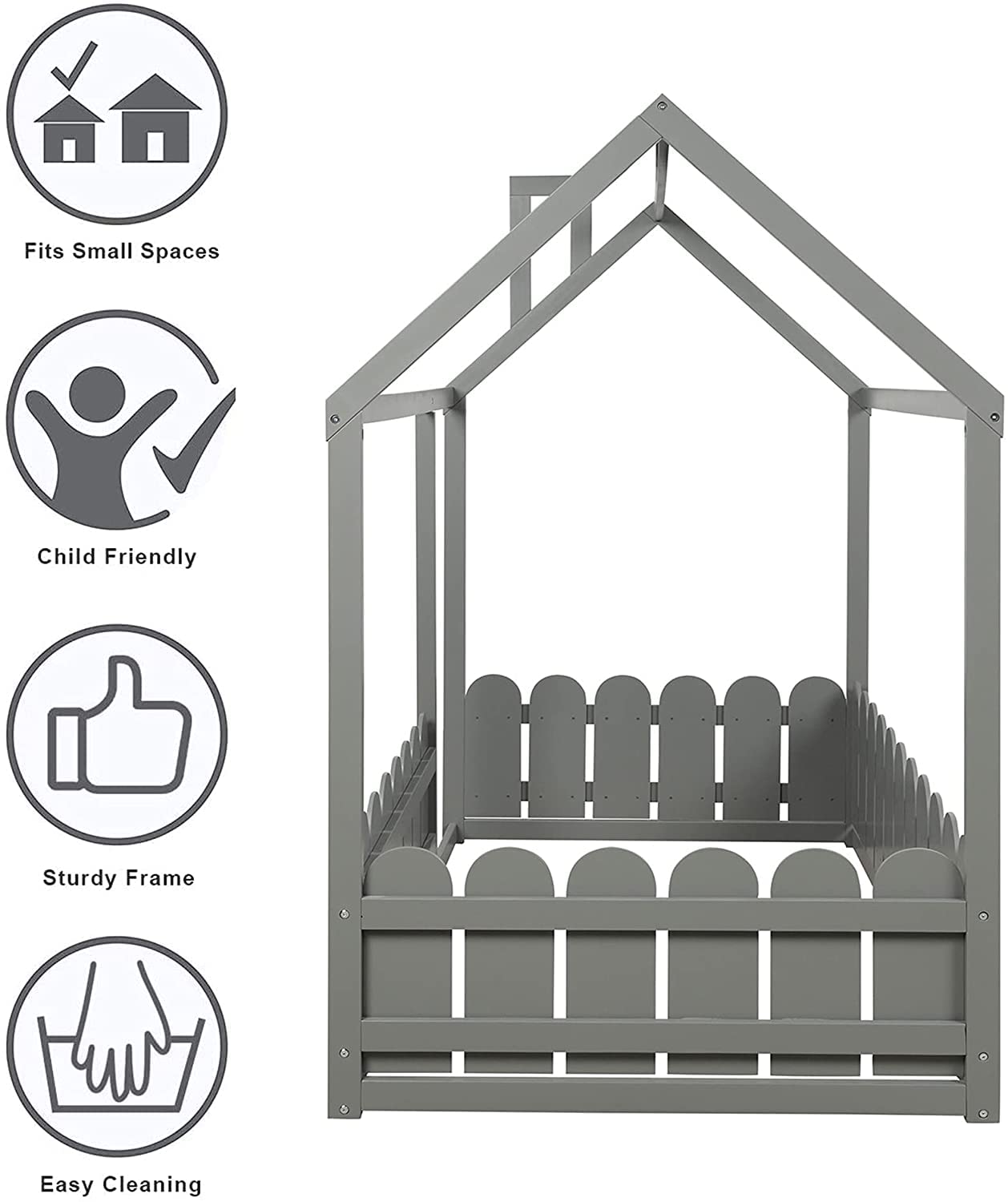 Montessori Floor Bed for Kids - Twin Size Solid Wood House Bed Frame with Fence & Roof | Playhouse Bed for Girls, Boys & Teens | Gray Twin | Perfect for Montessori Bedrooms, Playrooms & Cozy Sleep Spaces