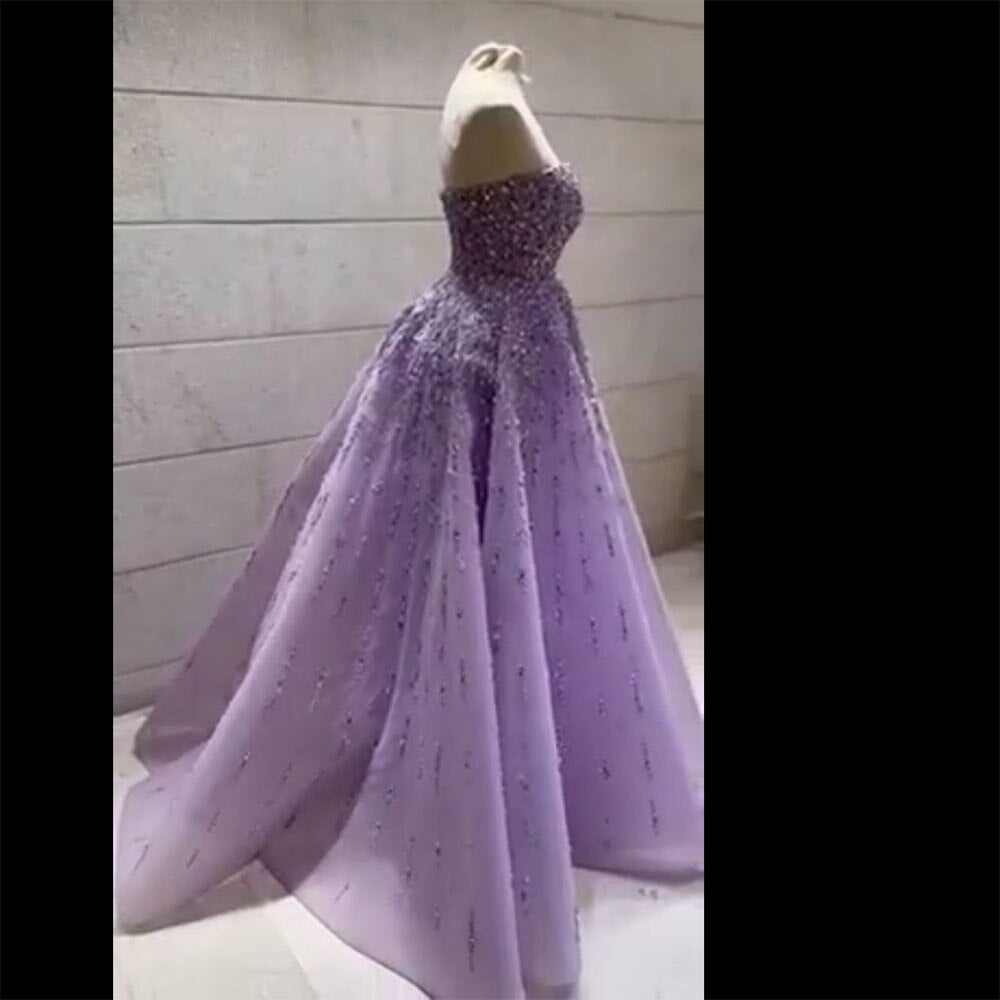 Serene Hill Lilac A-Line Beaded Luxury Dubai Long Evening Dress Gown for Women - Wedding, Party, Prom, Gala - Elegant Formal Wear for Special Occasions