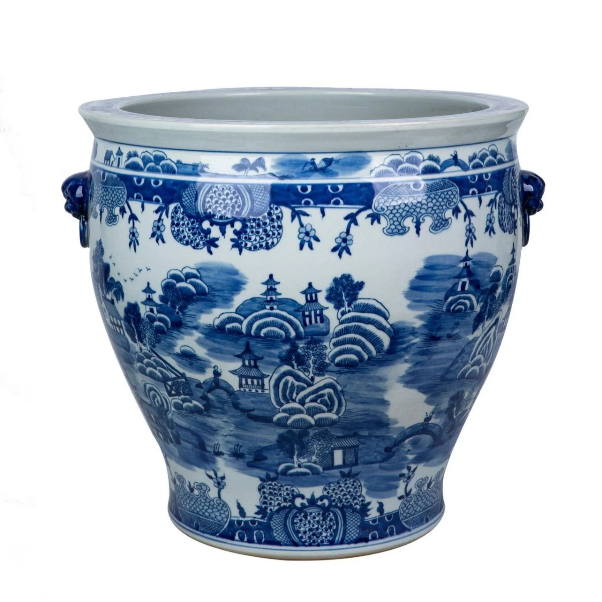 Blue and White Mountain Pagoda Porcelain Planter with Lion Handle - Elegant Flower Pot for Home Decor, Office Desk, Garden & Patio - Perfect for Succulents, Herbs & Small Plants