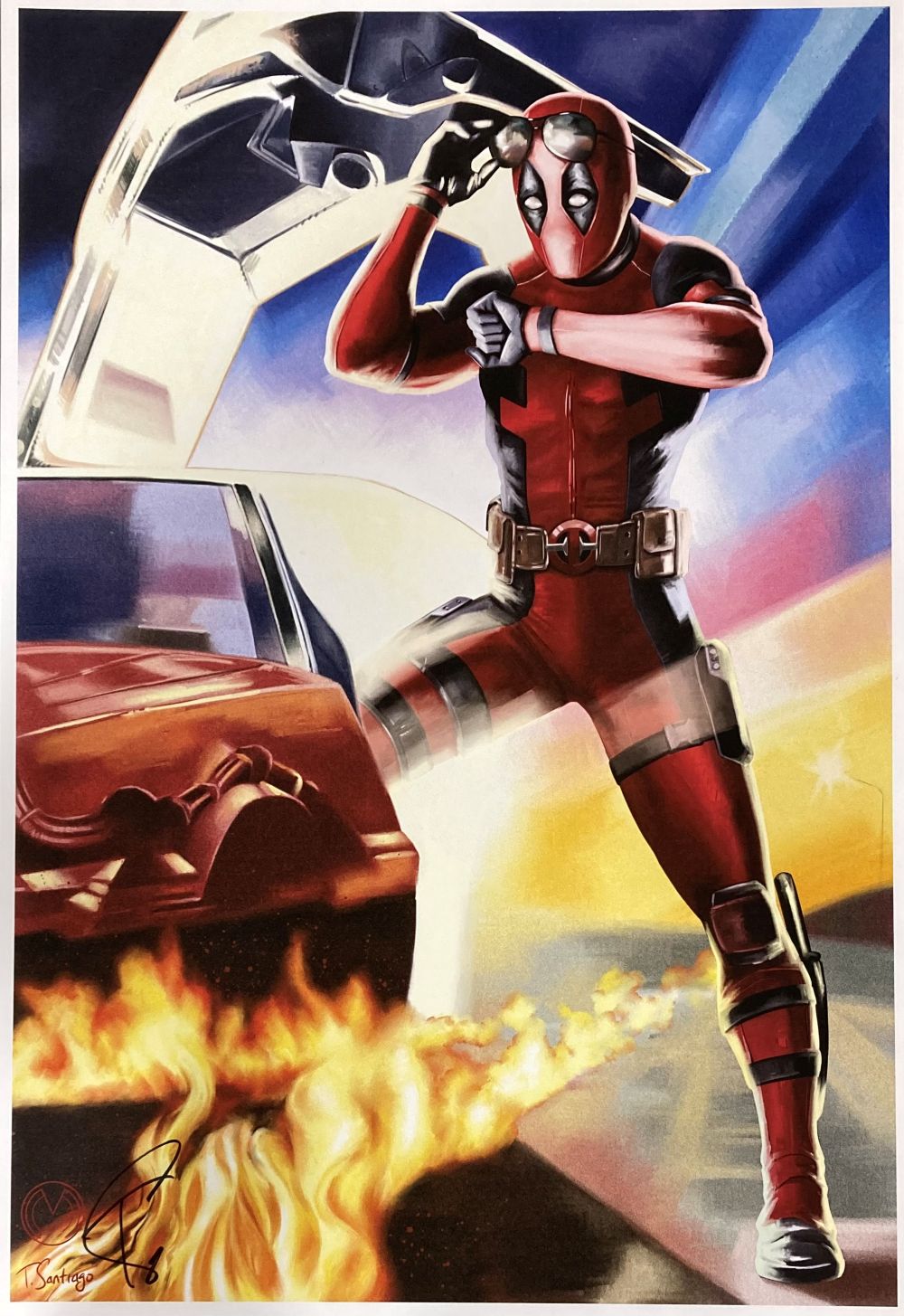 Deadpool 13x19 Back To The Future Signed Lithograph by Tony Santiago - Limited Edition Marvel Movie Art Print for Home & Office Decor