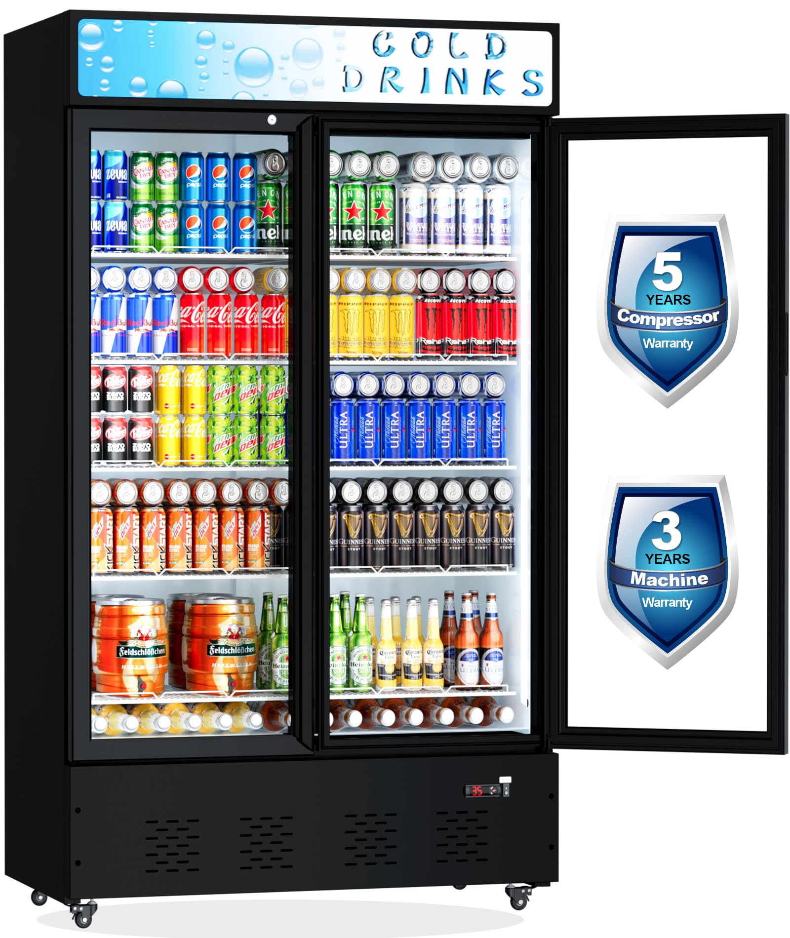40 Cu.ft. Commercial Beverage Refrigerator with Glass Door, LED Lighting & Adjustable Shelves - Upright Display Cooler for Restaurants, Grocery Stores, Bars, and Home Use - Perfect for Storing Drinks, Snacks, and Perishable Items
