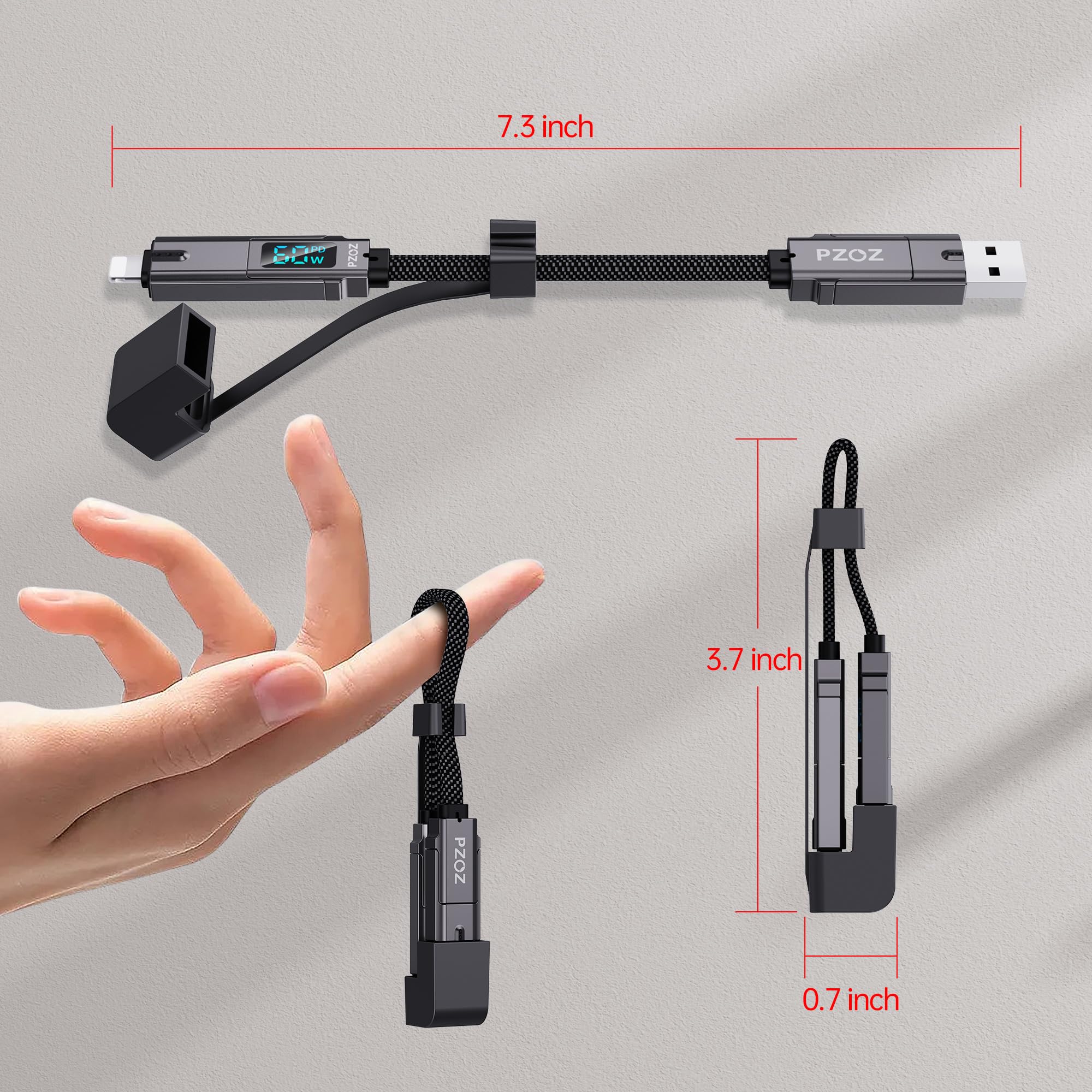 PZOZ 60W Multi Charger Cable with LED Display - Fast Charging USB C to Lightning, Type-C to USB C, USB A to Lightning & USB A to USB C - Compatible with iPhone X/11/12/13/14/15 - Perfect for Travel, Office & Home Charging