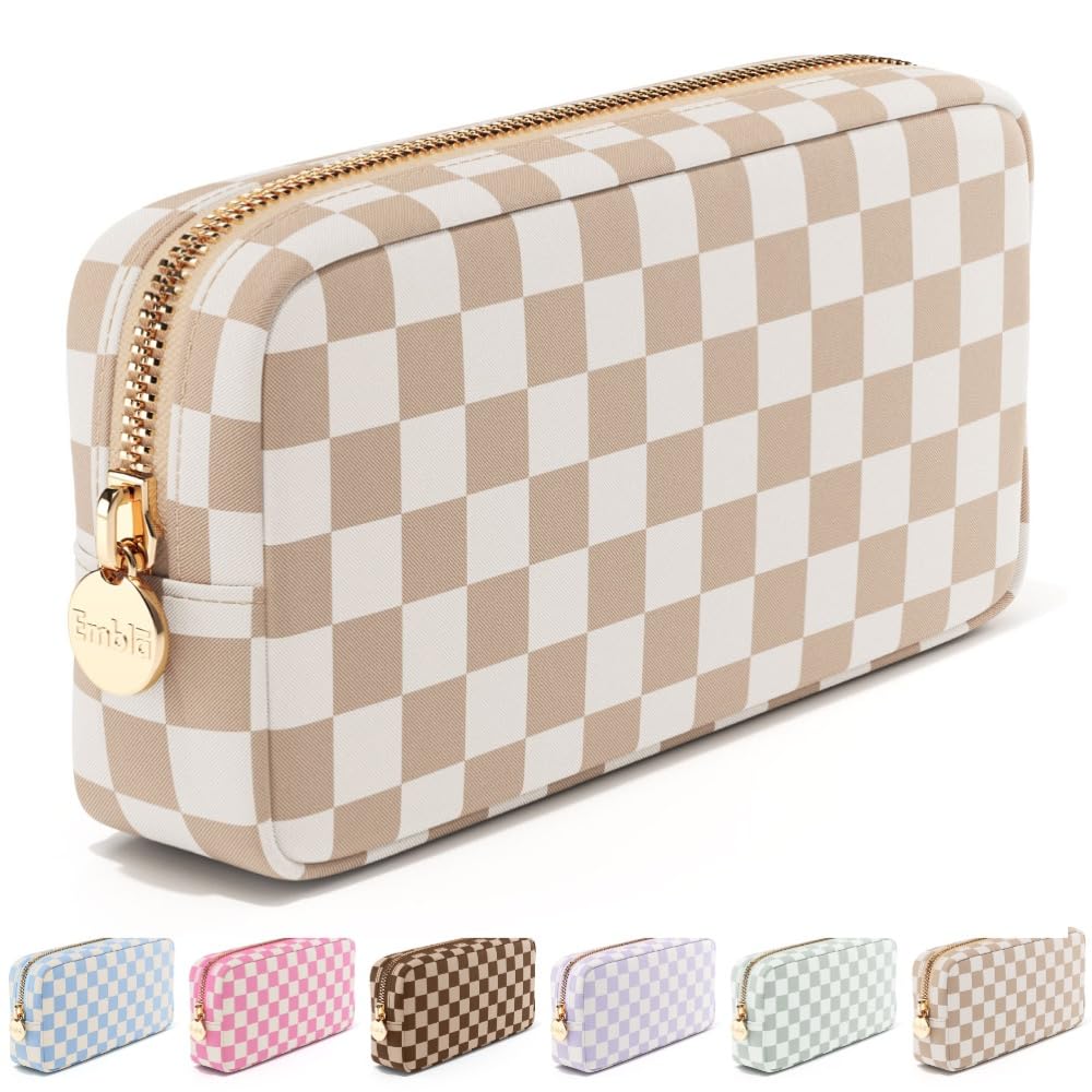 Stylish Nylon Makeup Bag for Women & Girls - Travel Cosmetics Pouch with Zipper, Cute Toiletry Organizer for Skincare & Makeup Storage - Perfect for Travel, Gym, and Daily Use - Sand Checkered Design