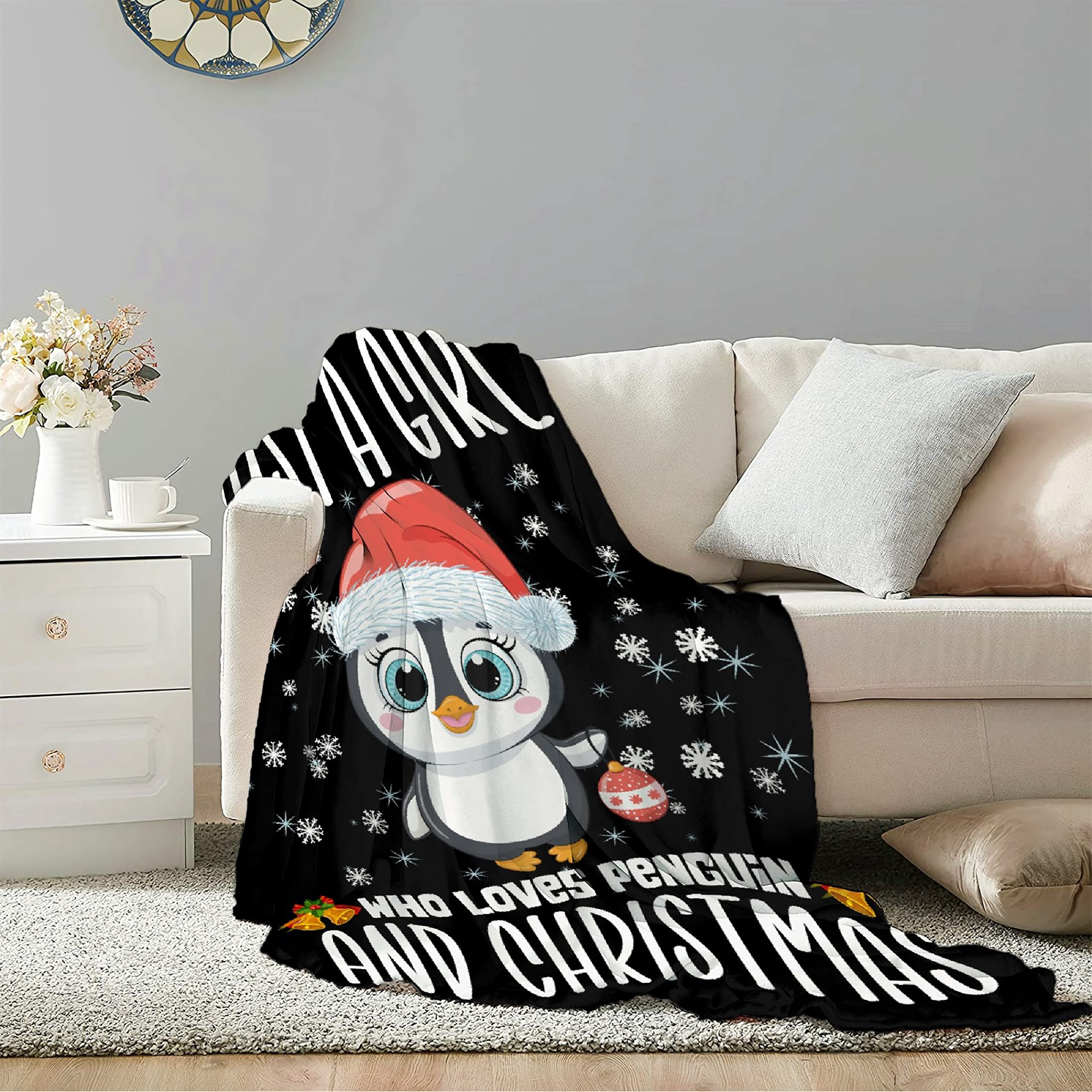 Super Soft Flannel Penguin & Christmas Blanket - Lightweight Fleece Throw for Kids, Women & Toddlers | XL 120x90 Inches (Overking) | Cozy Gift for Penguin Lovers, Bed Decor & All-Season Family Use