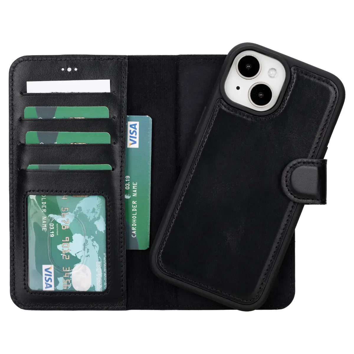 Premium Black Leather Wallet Case for iPhone 15 - Slim RFID Blocking Phone Cover with Card Slots | Perfect for Everyday Use, Travel & Business Professionals