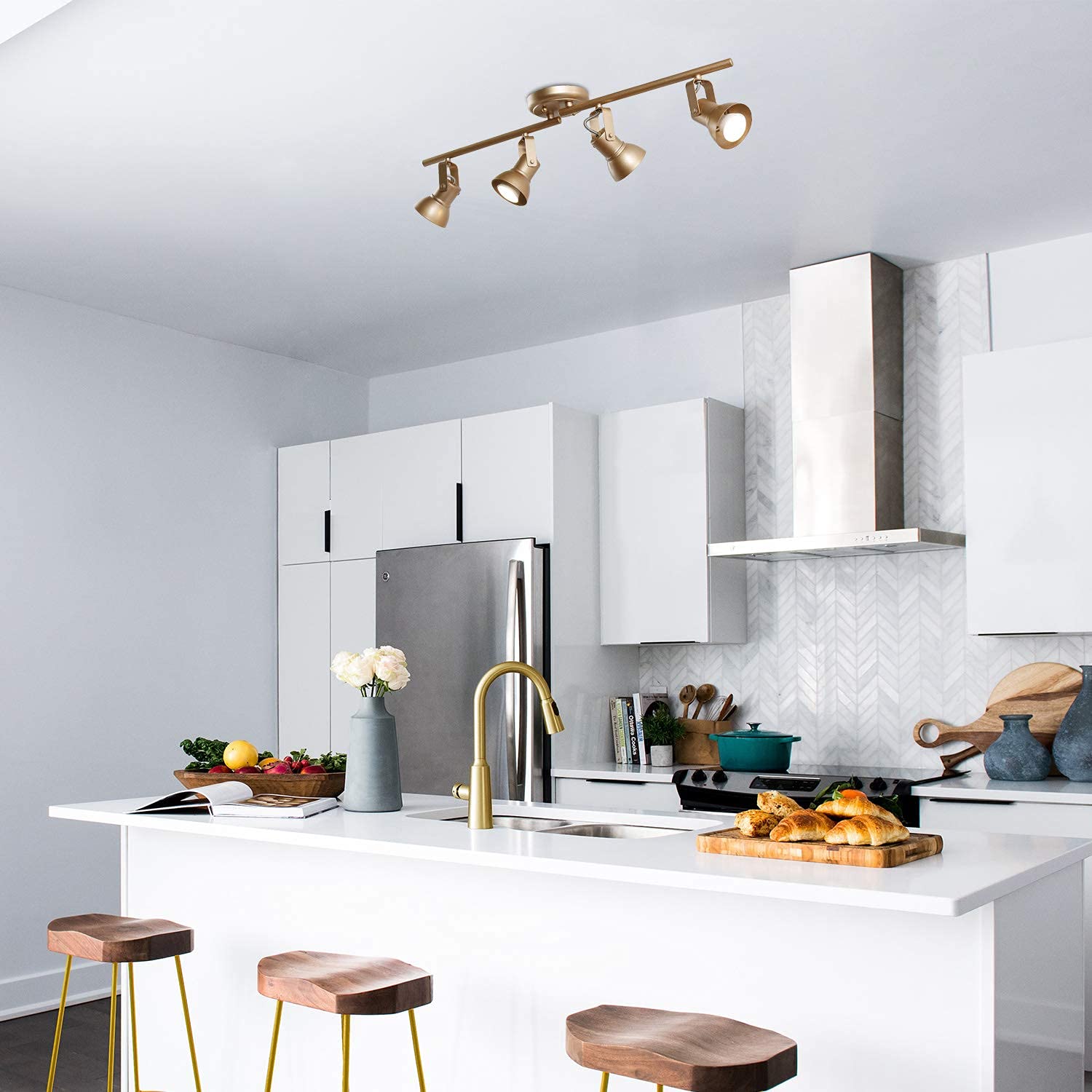 Modern LED Track Lighting Fixture - 4 Adjustable Ceiling Spotlights for Kitchen, Living Room & Retail (Gold Finish, GU10 Base, 10W Bulbs Not Included) | Energy-Efficient Home & Commercial Lighting Solution