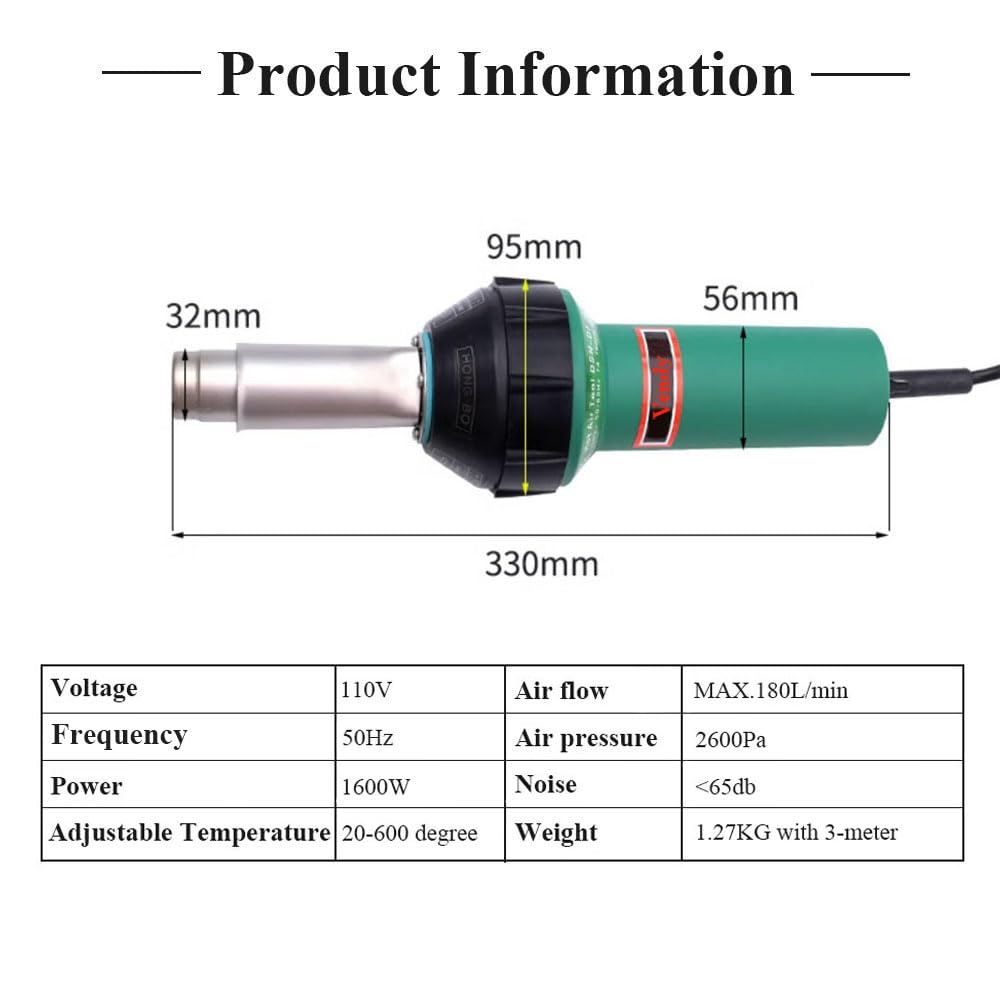 110V 1600W Plastic Welding Gun - High Power Hot Air Welder Tool for PVC, PE, PP Materials - Perfect for Plastic Repair, DIY Projects & Industrial Applications