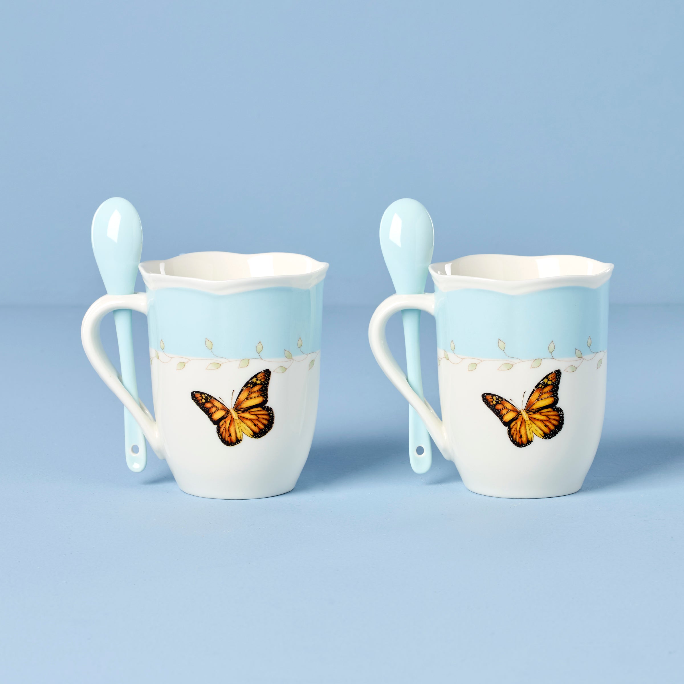 Butterfly Meadow Blue Coffee Mugs with Spoons - Set of 2 Ceramic Tea Cups for Home, Office & Gift Giving | Perfect for Morning Coffee, Afternoon Tea & Cozy Moments