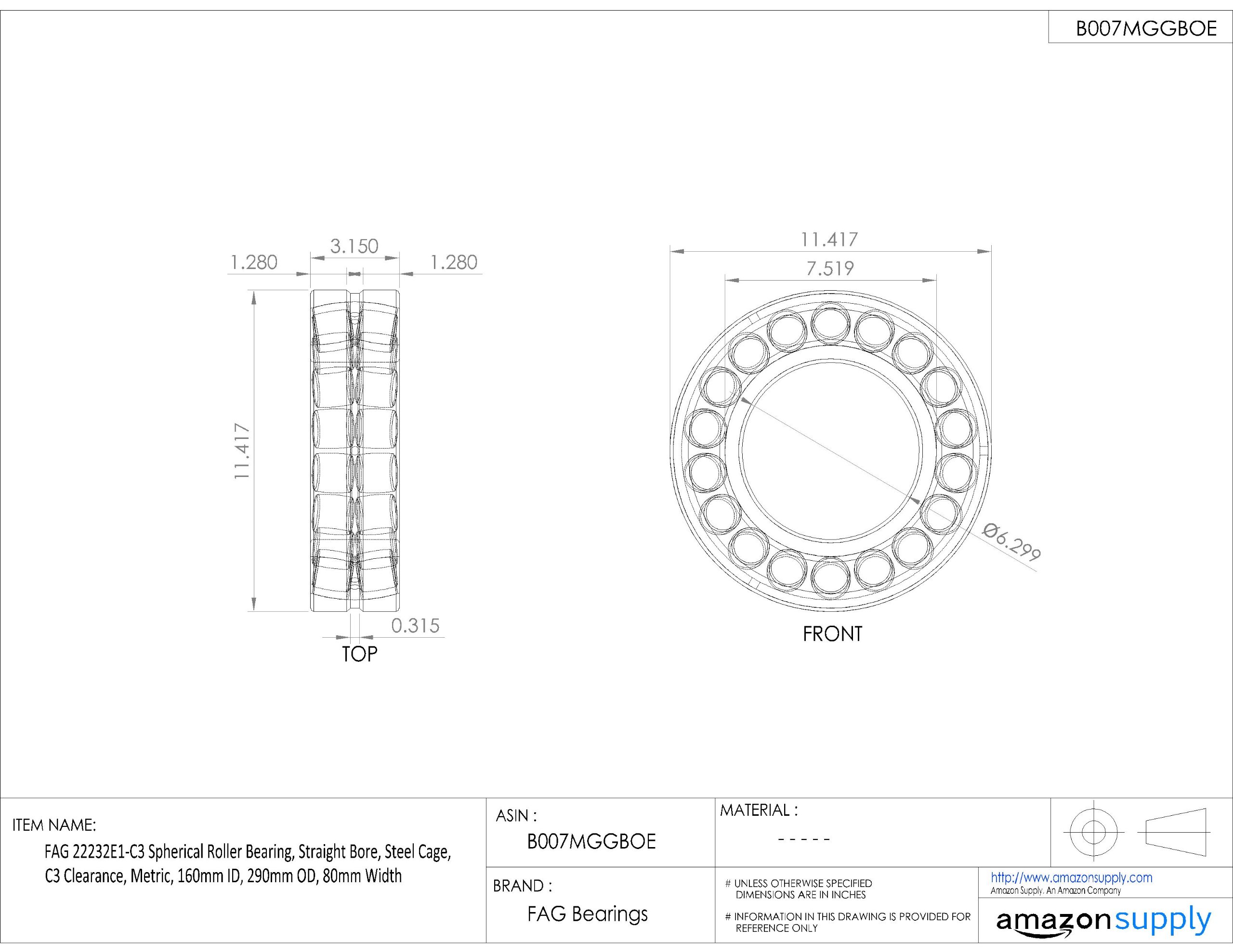 22232E1-C3 Spherical Roller Bearing 160x290x80mm - Metric Steel Cage Straight Bore with C3 Clearance - Ideal for Heavy Machinery, Industrial Equipment & Power Transmission Systems