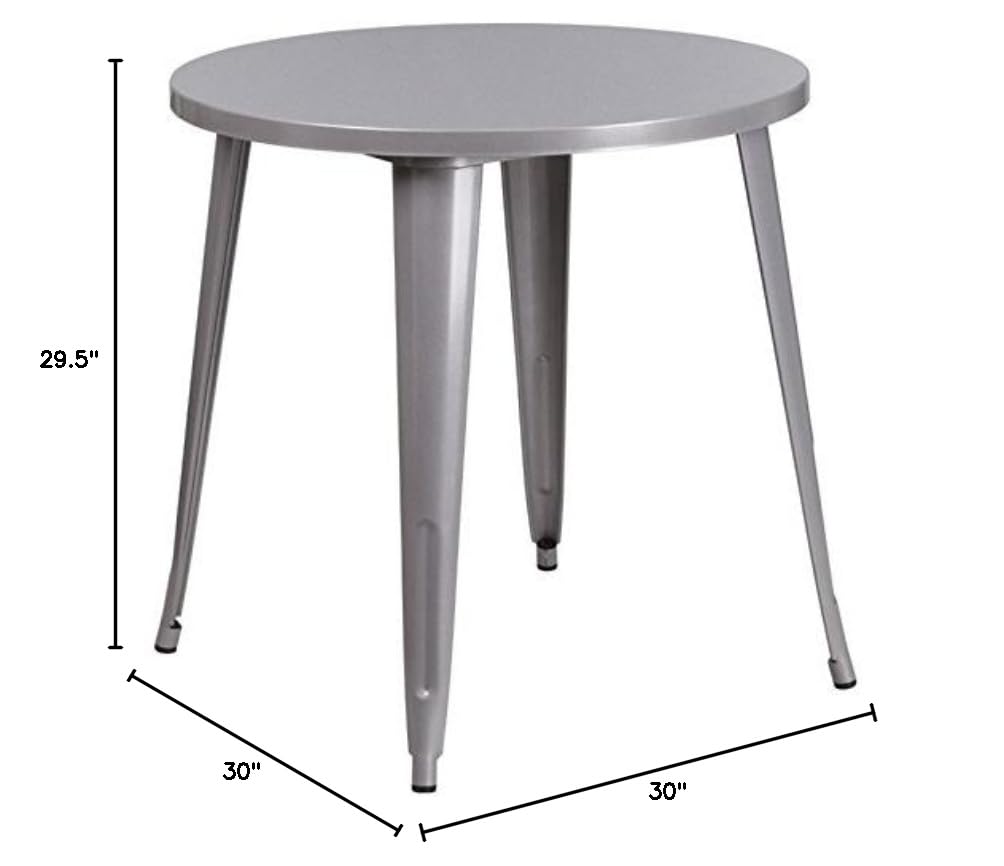 BOWERY HILL 30 Inch Round Silver Metal Dining Table for Kitchen, Breakfast Nook, and Outdoor Patio Use