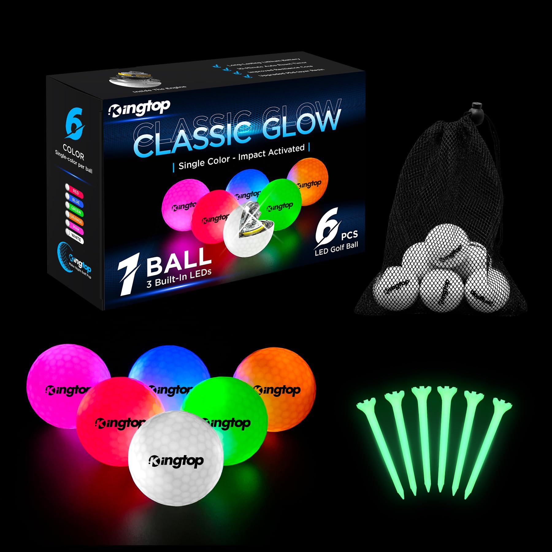 KINGTOP Upgraded Glow in The Dark Golf Balls - Super Bright LED Light Up Golf Balls with Glowing Tees & Storage Bag - Night Golf Accessories for Men & Women - Perfect for Backyard Putting, Driving Range & Outdoor Nighttime Golf Games