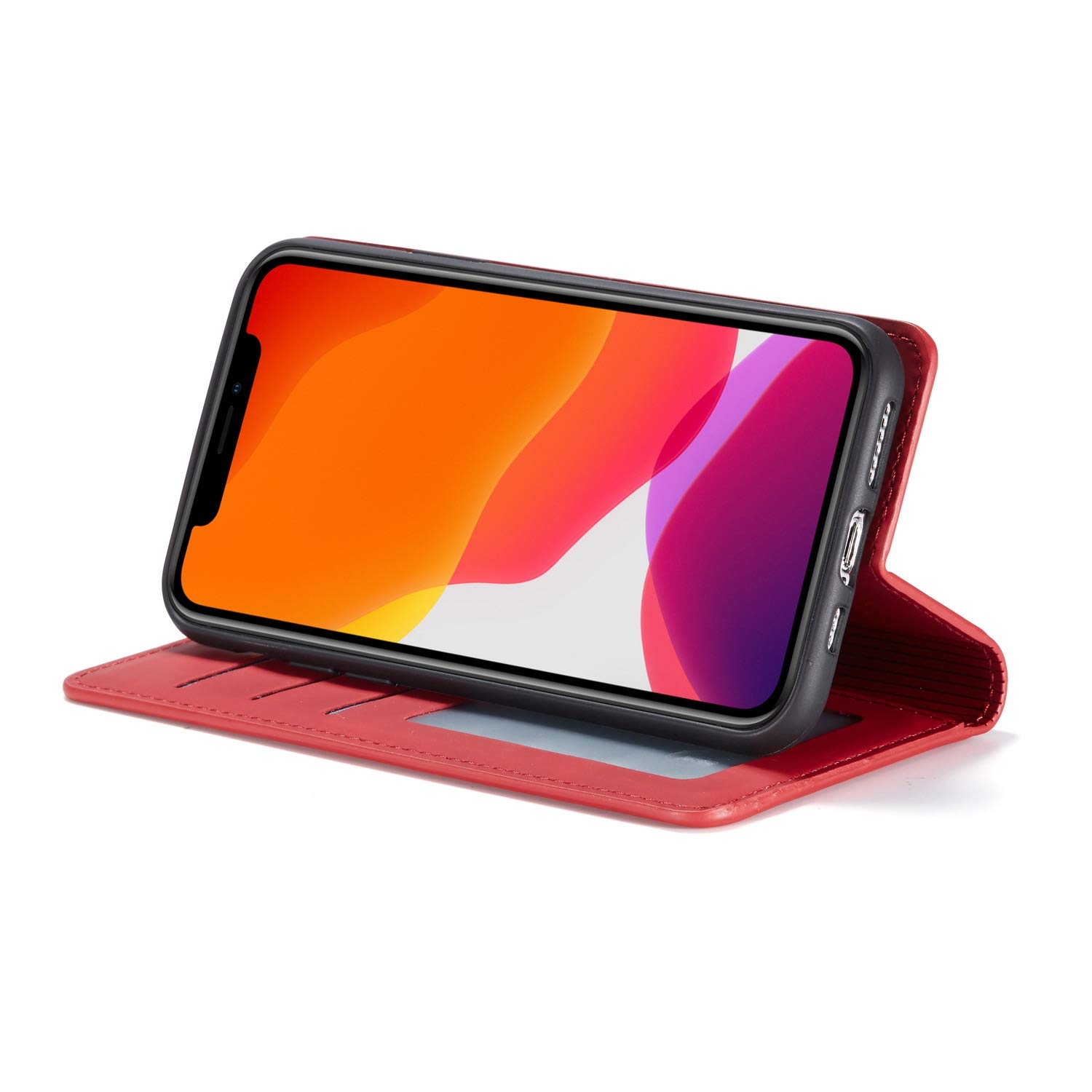 Premium PU Leather Magnetic Flip Wallet Case for iPhone 11 Pro Max (6.5 inch) - Shockproof Card Holder with Kickstand & Hidden Adsorption | Perfect for Business, Travel & Daily Use (Red, 2019 Model)