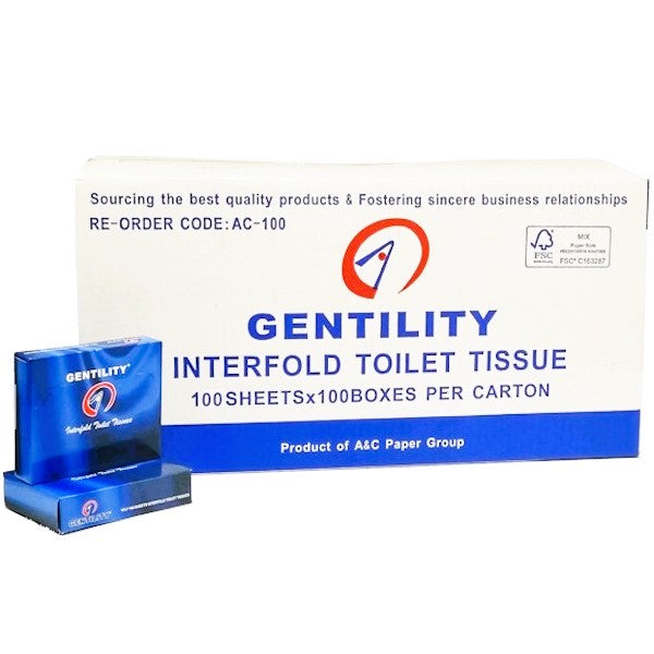 Gentility Interfold Toilet Paper 100 Packets (10,000 Sheets) | Soft, Strong & Absorbent Bathroom Tissue | Perfect for Home, Office & Commercial Use
