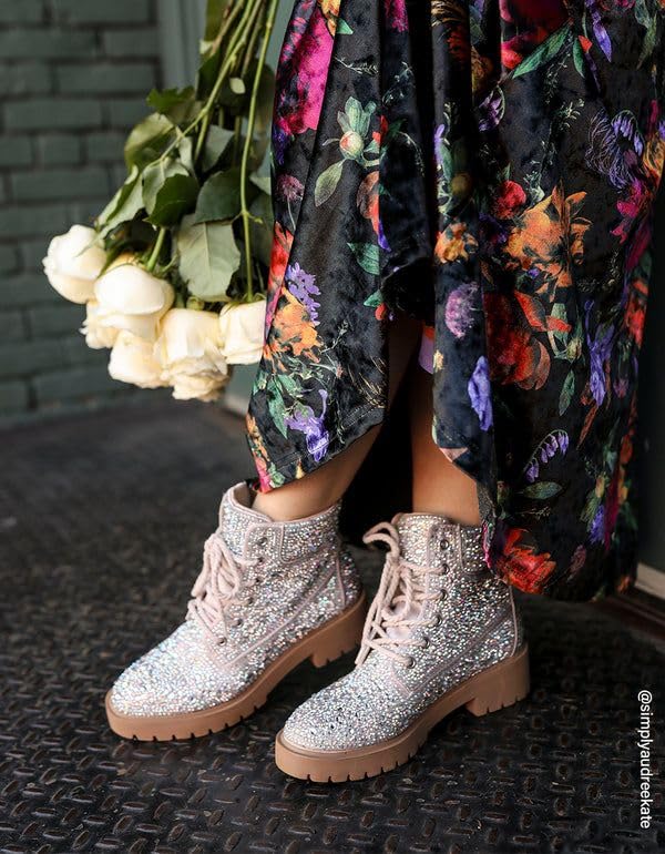 Sparkly Rhinestone Combat Boots for Women - Glitter Ankle Booties with Bling | Perfect for Parties, Night Out & Festivals