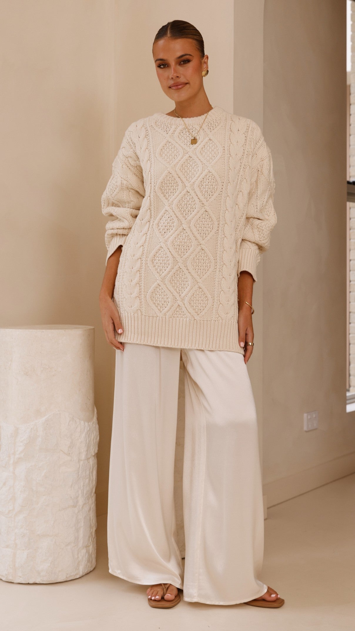 Luna Knit Sweater Women's Soft Cream Pullover - Cozy Winter Casual Wear for Office & Outings