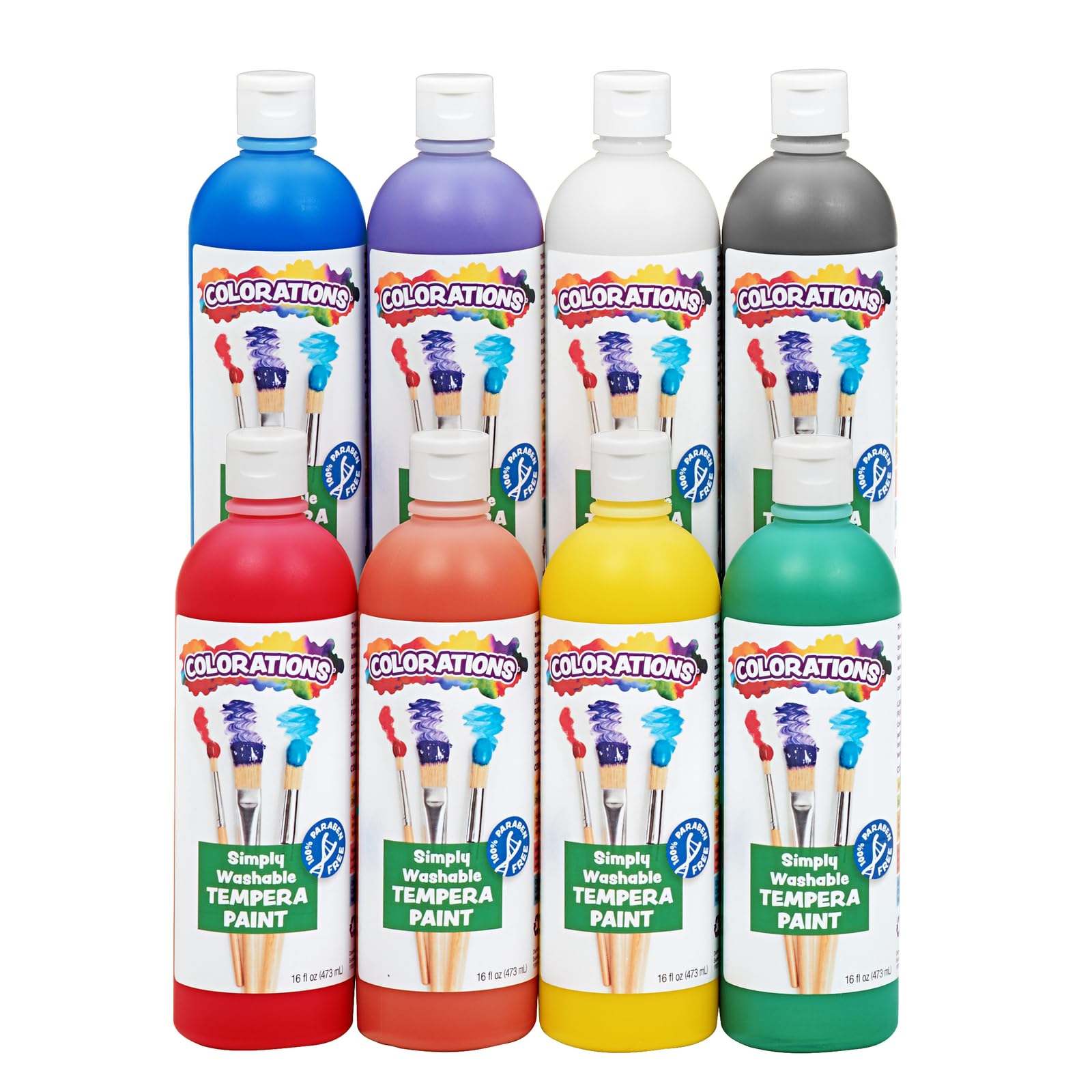 Colorations Paraben-Free Simply Washable Tempera Paint - 8 Pack Rainbow Plus, Matte Finish, Non-Toxic Art Supplies for Classroom & Homeschool, Vibrant Washable Colors for Kids' Crafts, School Projects & DIY Decor (16oz Each)