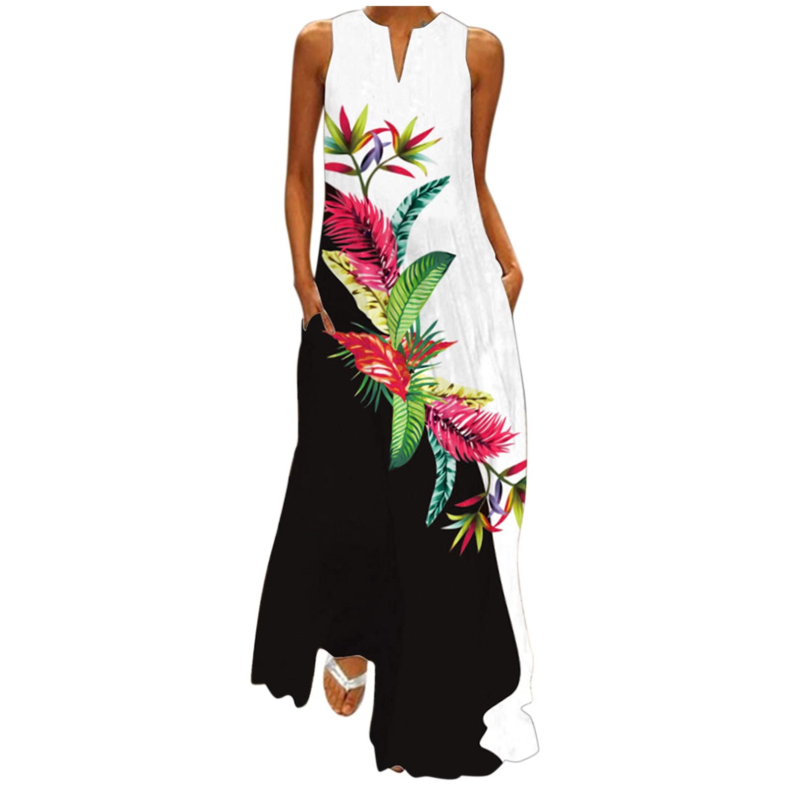 YSWD Women's Maxi Dresses - Boho Vest Sleeveless Summer Beach Floral Kaftan Dress for Women in White | Perfect for Vacation, Poolside & Boho Chic Outfits