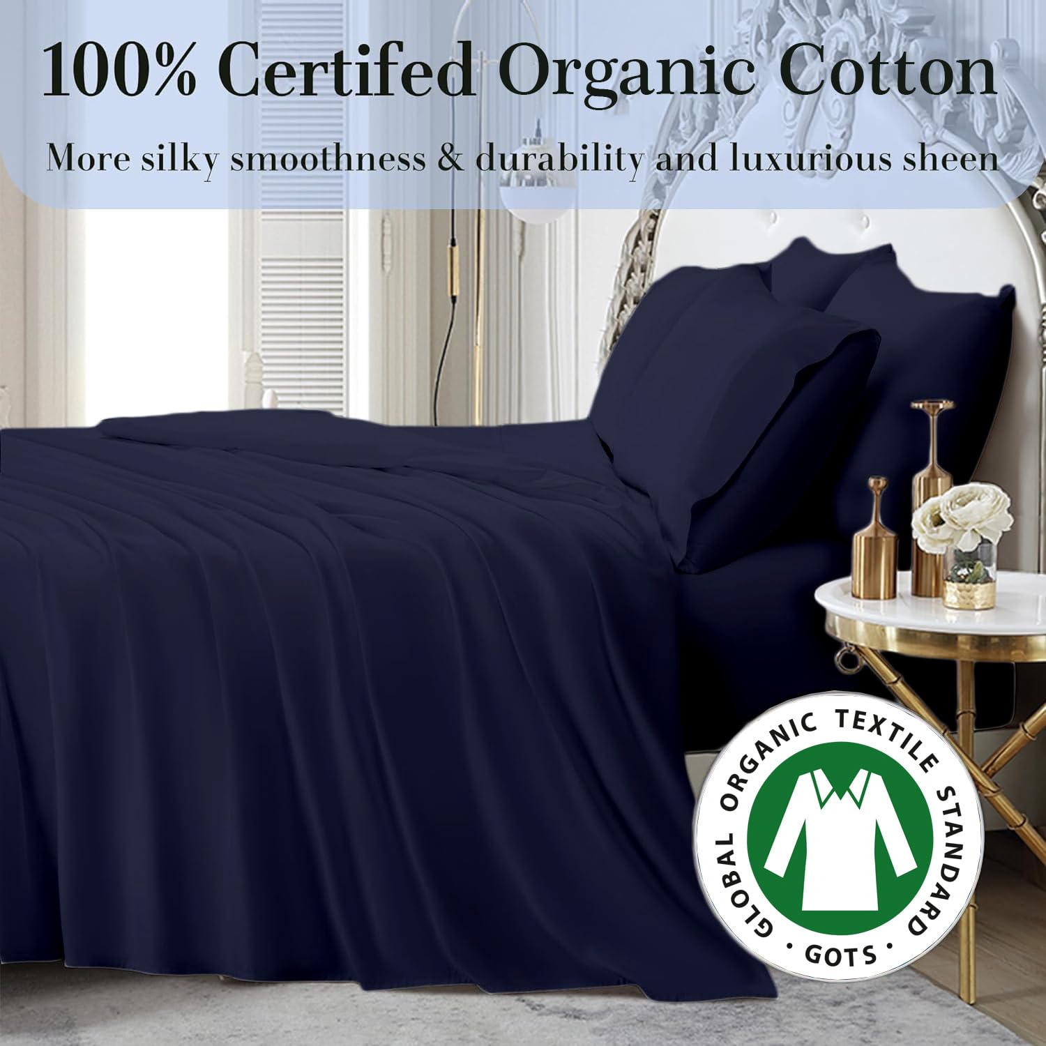 4-Piece Queen Size Sheet Set - 100% Organic Cotton, 800 Thread Count, Soft & Breathable Luxury Bed Sheets with 8-12